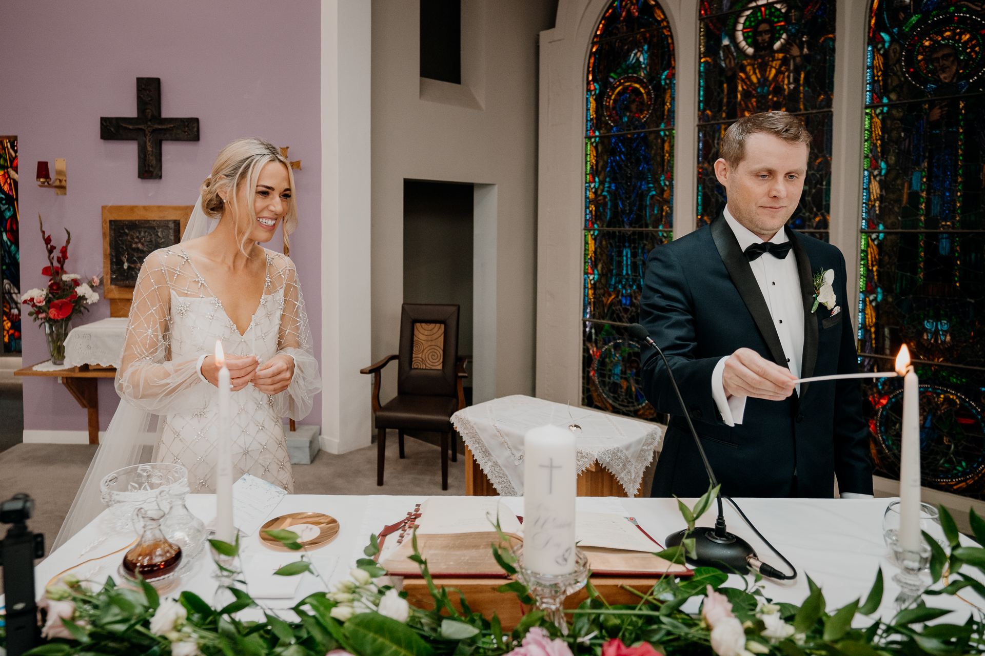 A man and woman in wedding attire