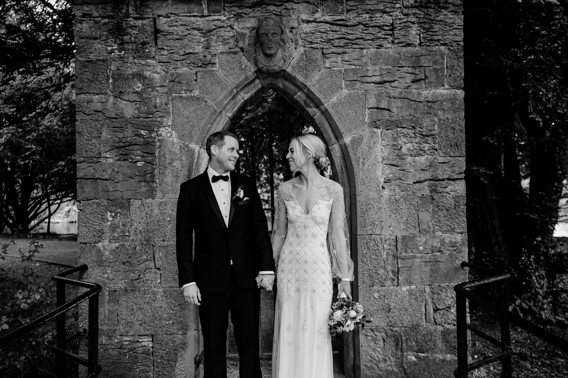 A bride and groom kissing