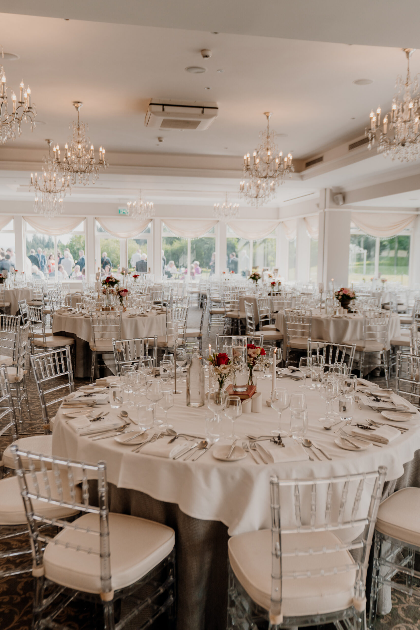 A large room with tables and chairs