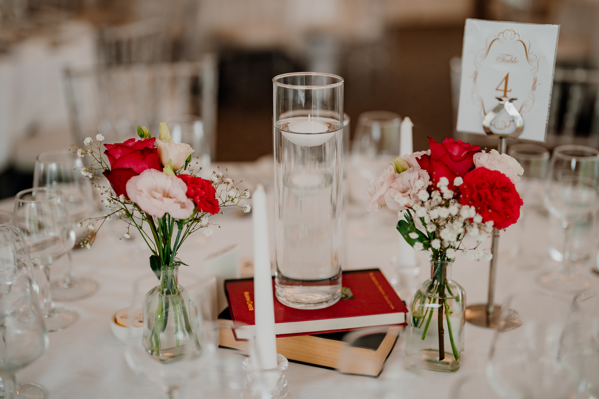 A table with flowers and candles