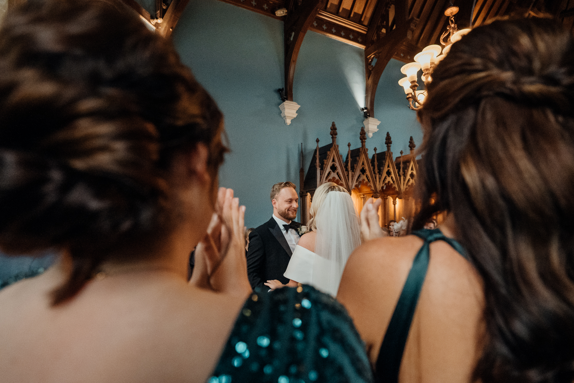 A bride and groom in a church