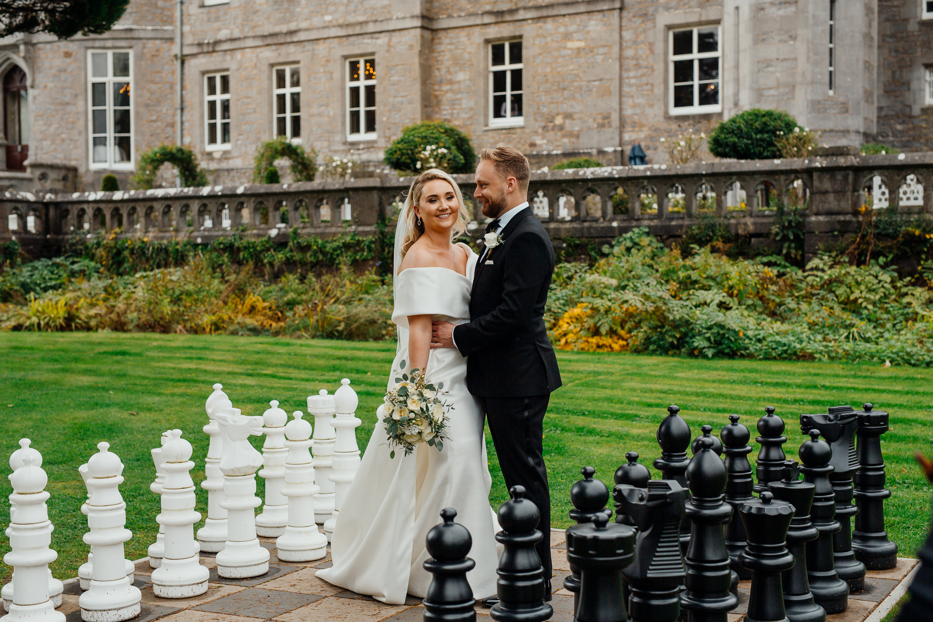 A man and woman in wedding attire