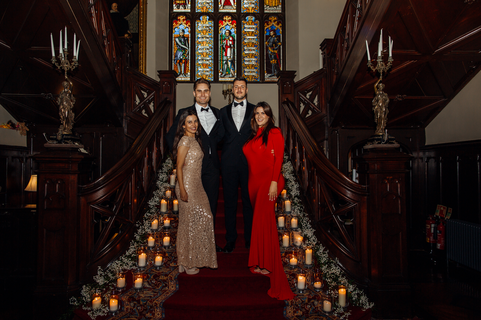 A group of people posing for a photo in a church