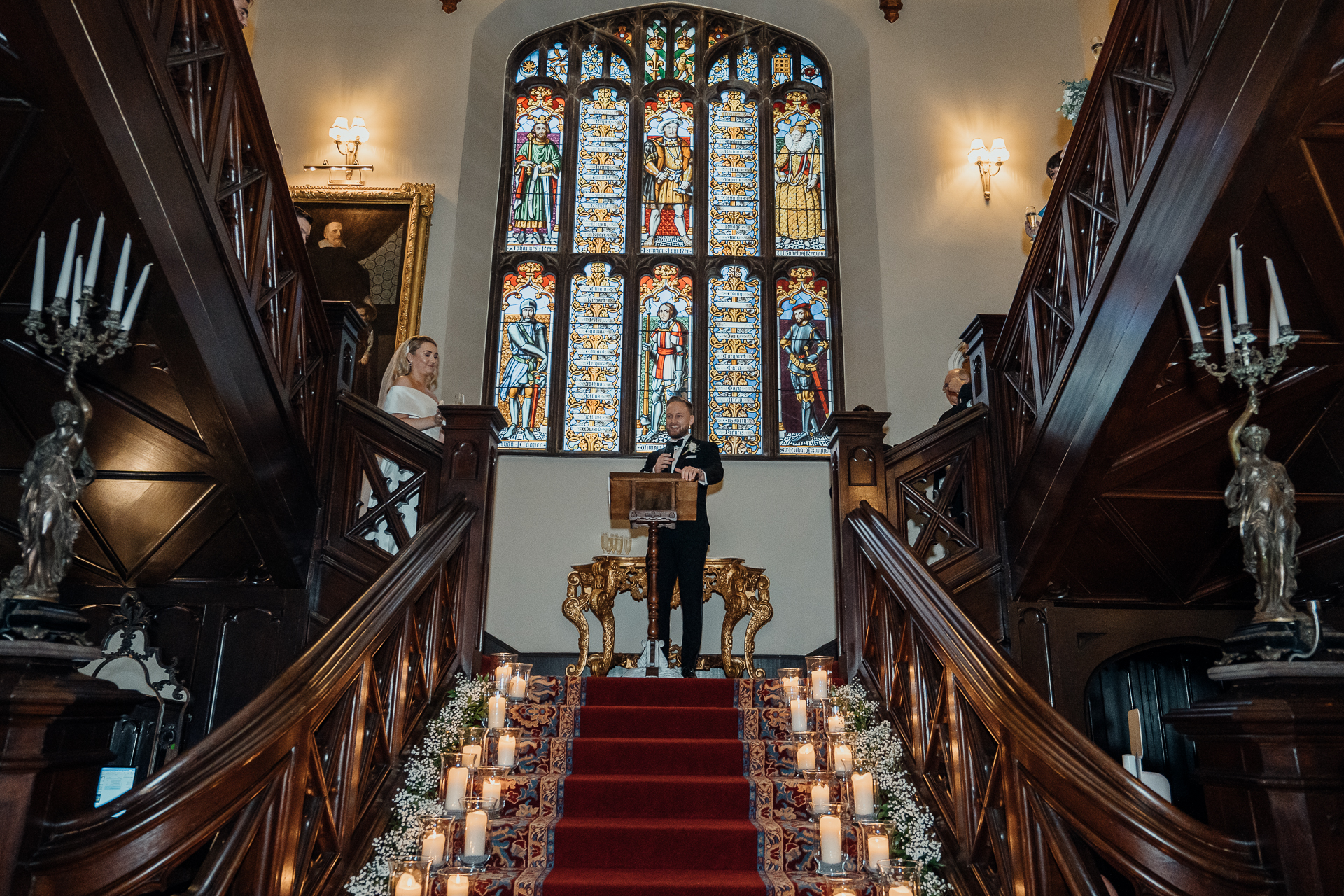 A person standing at the altar of a church