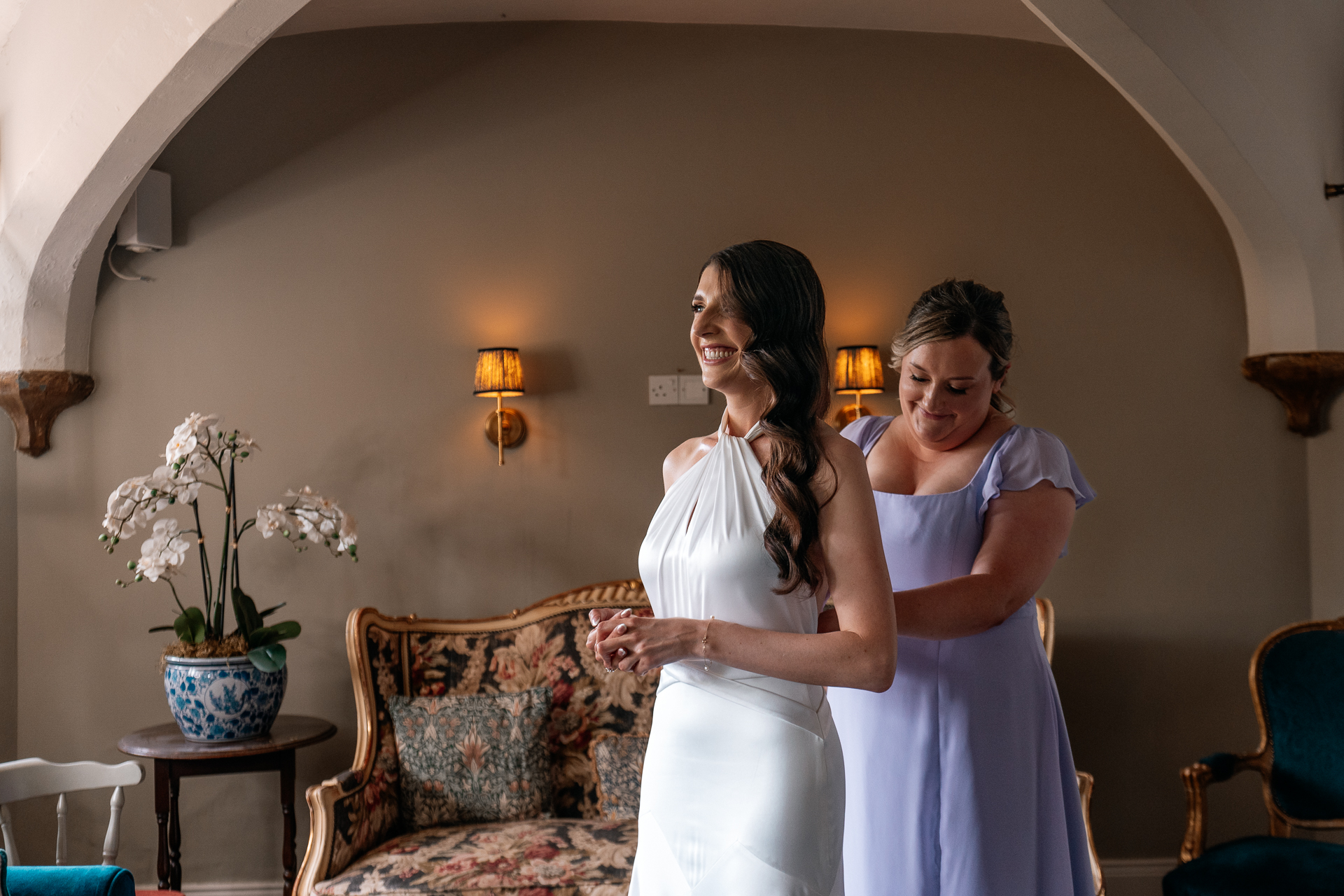 Bride getting ready in the Butler Kitchen at Markree Castle – candid and elegant moment by Dublin Wedding Photographer