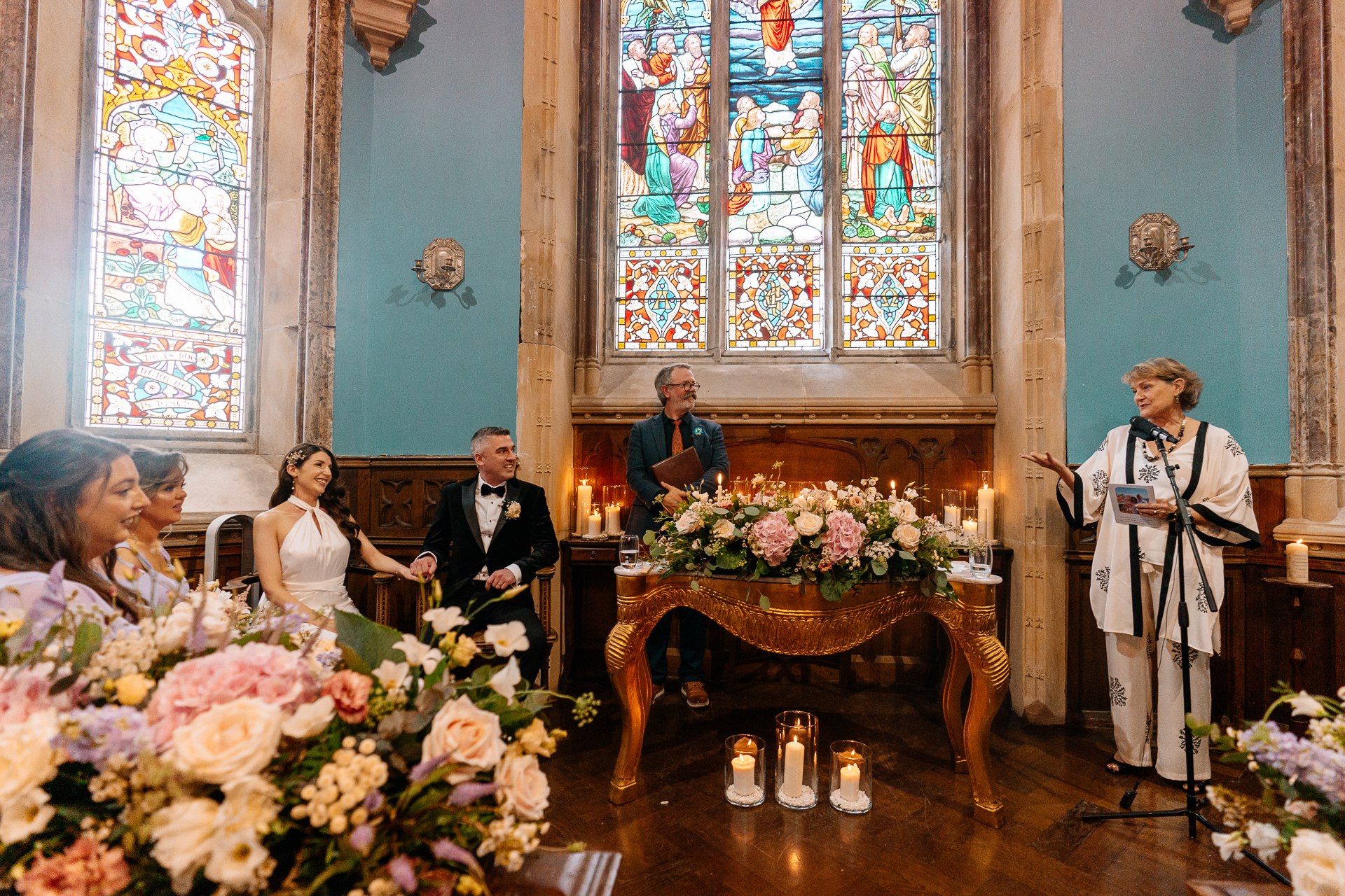 Wedding ceremony in the historic chapel at Markree Castle with natural light and emotional moments