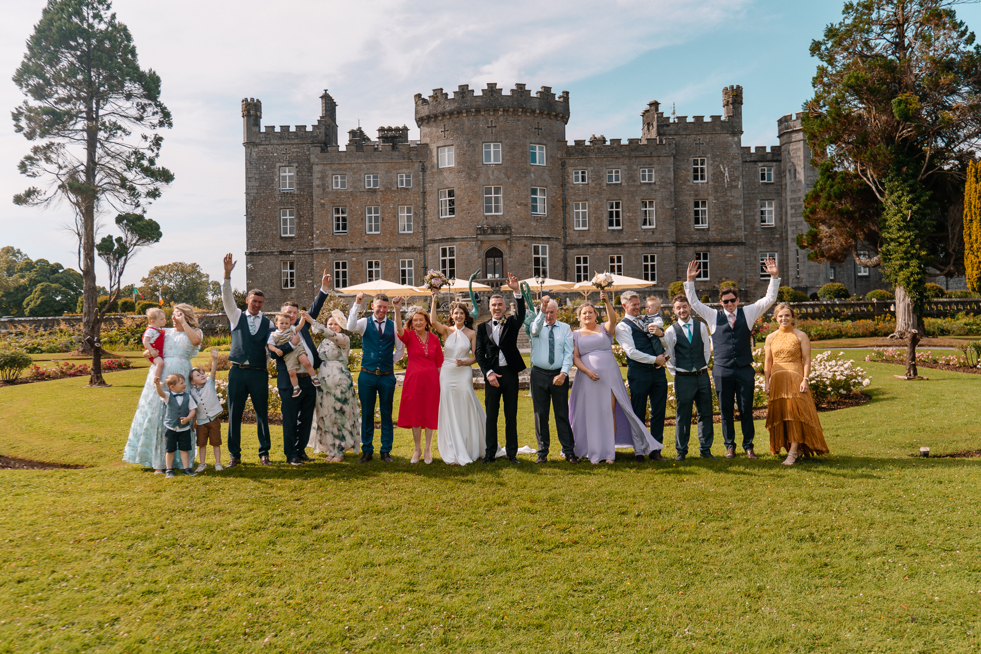 Formal family portrait in front of Markree Castle on the wedding day