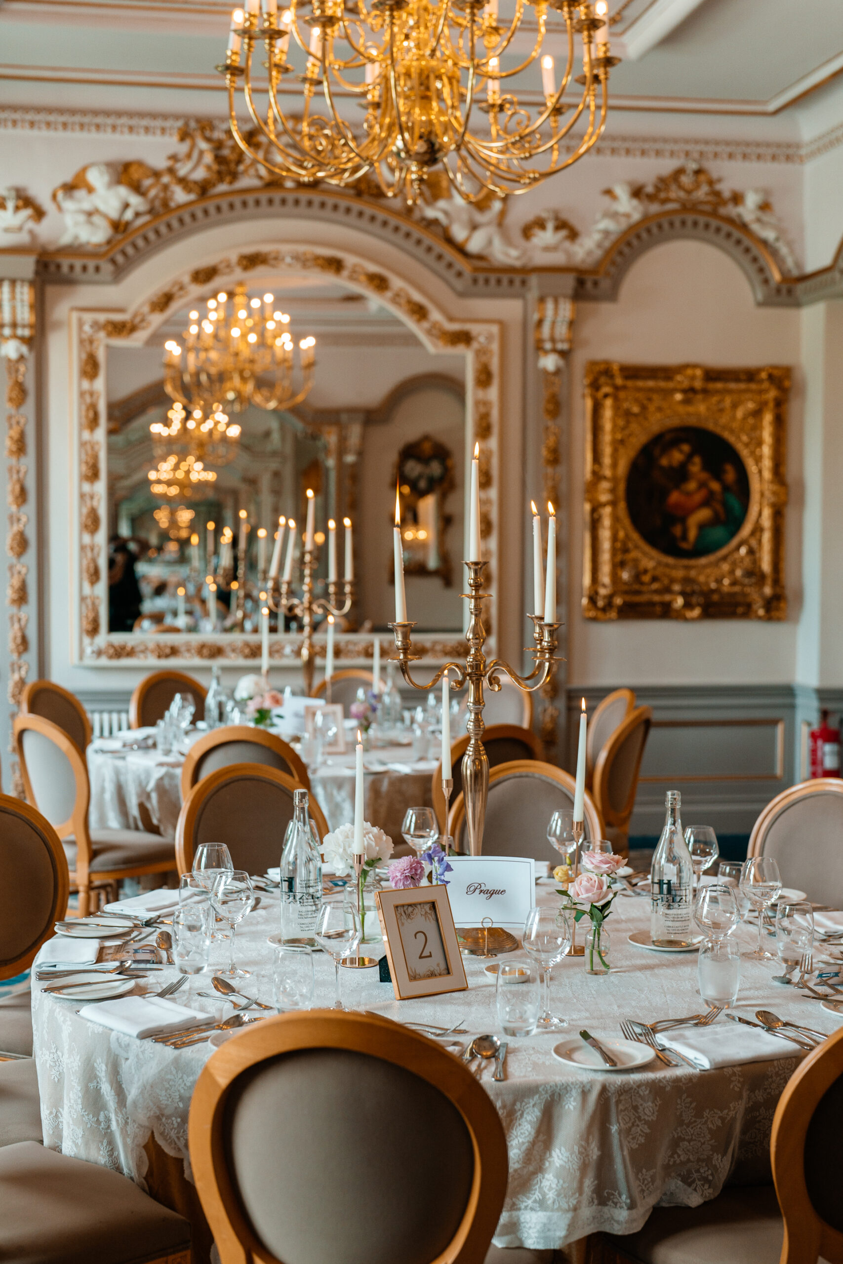 Elegant wedding table setup at Markree Castle dining room – floral details and romantic décor