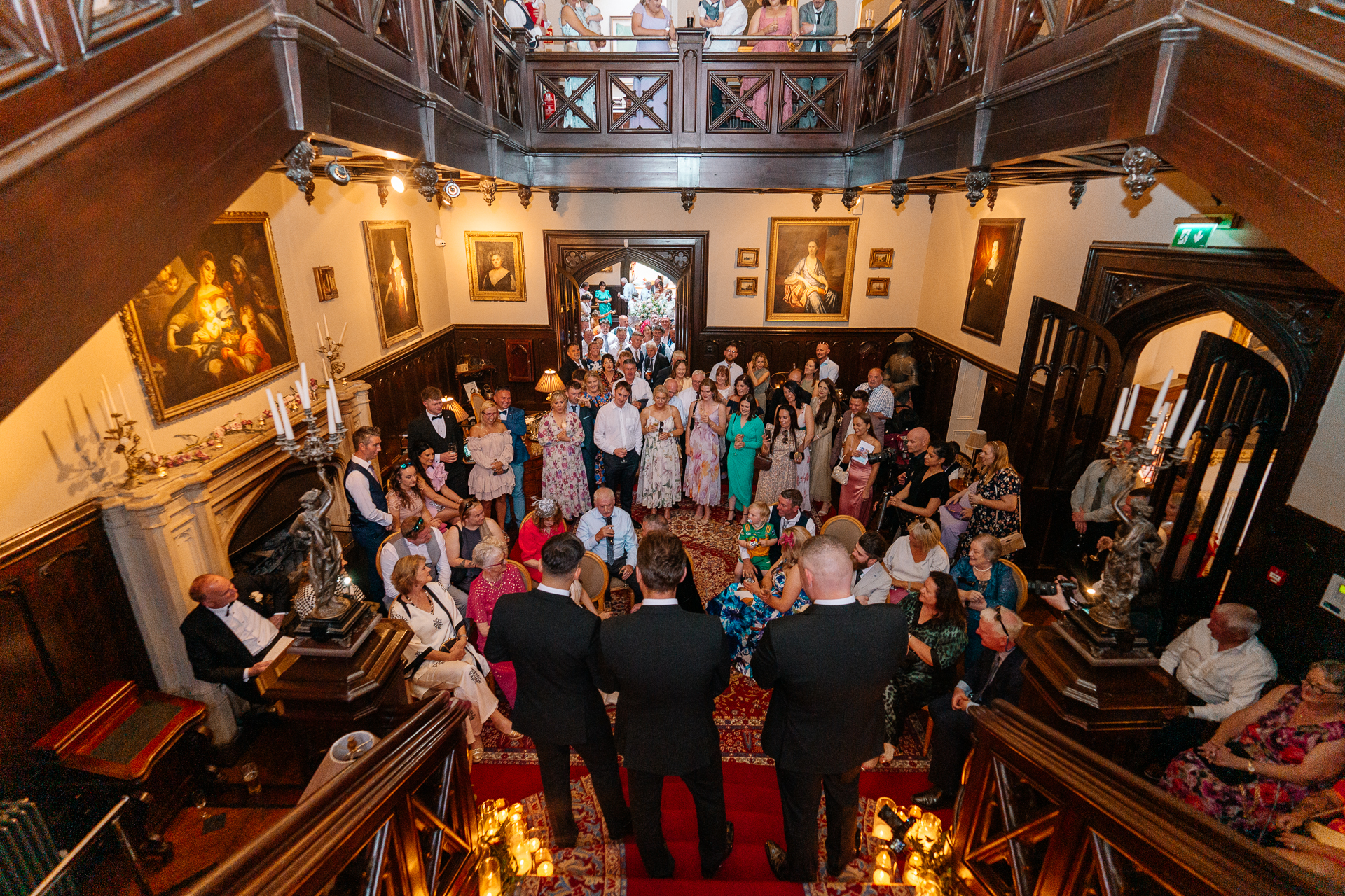 Bride and groom on castle staircase at Markree Castle – romantic wedding portrait