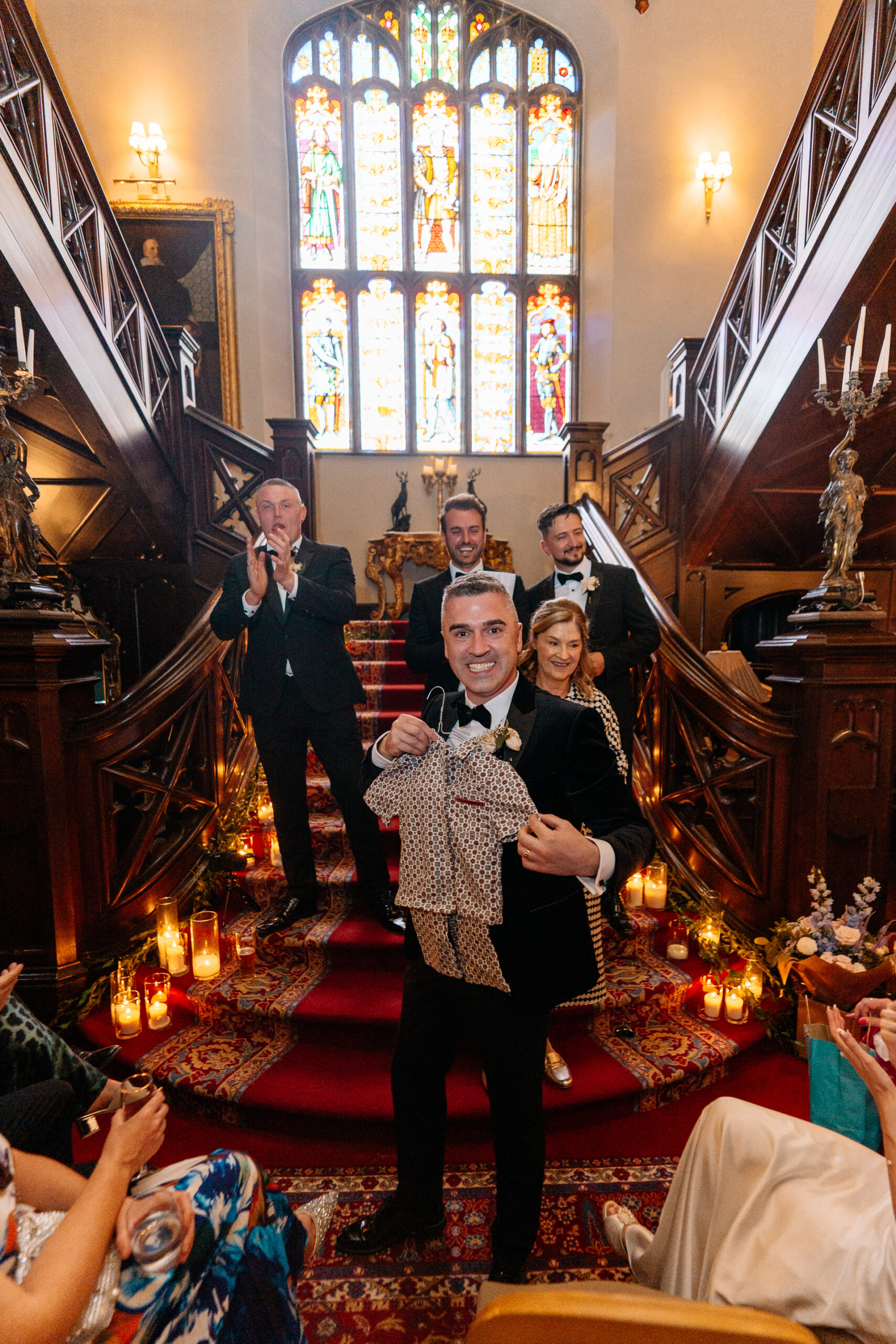 Bride and groom on castle staircase at Markree Castle – romantic wedding portrait