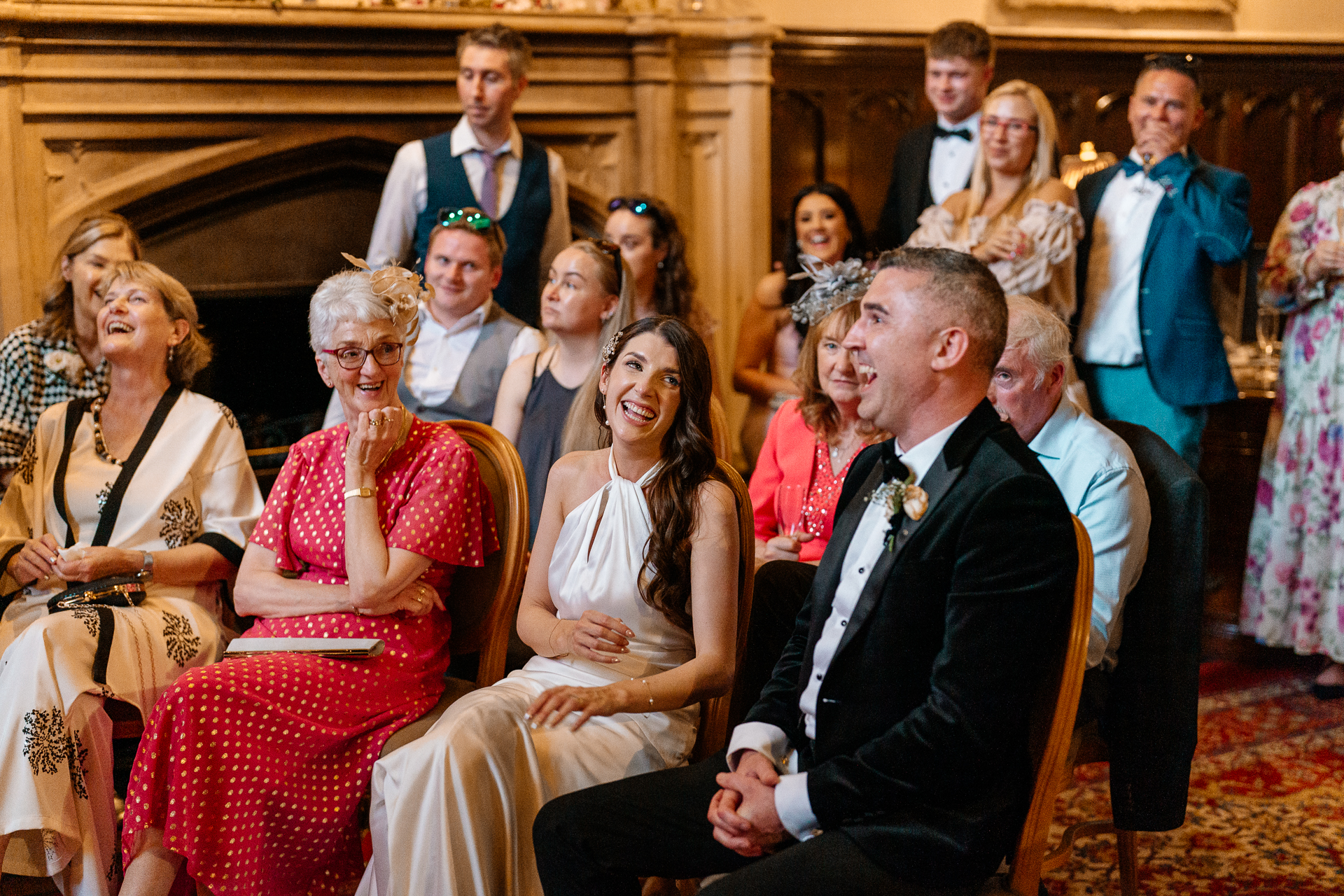 Bride and groom on castle staircase at Markree Castle – romantic wedding portrait