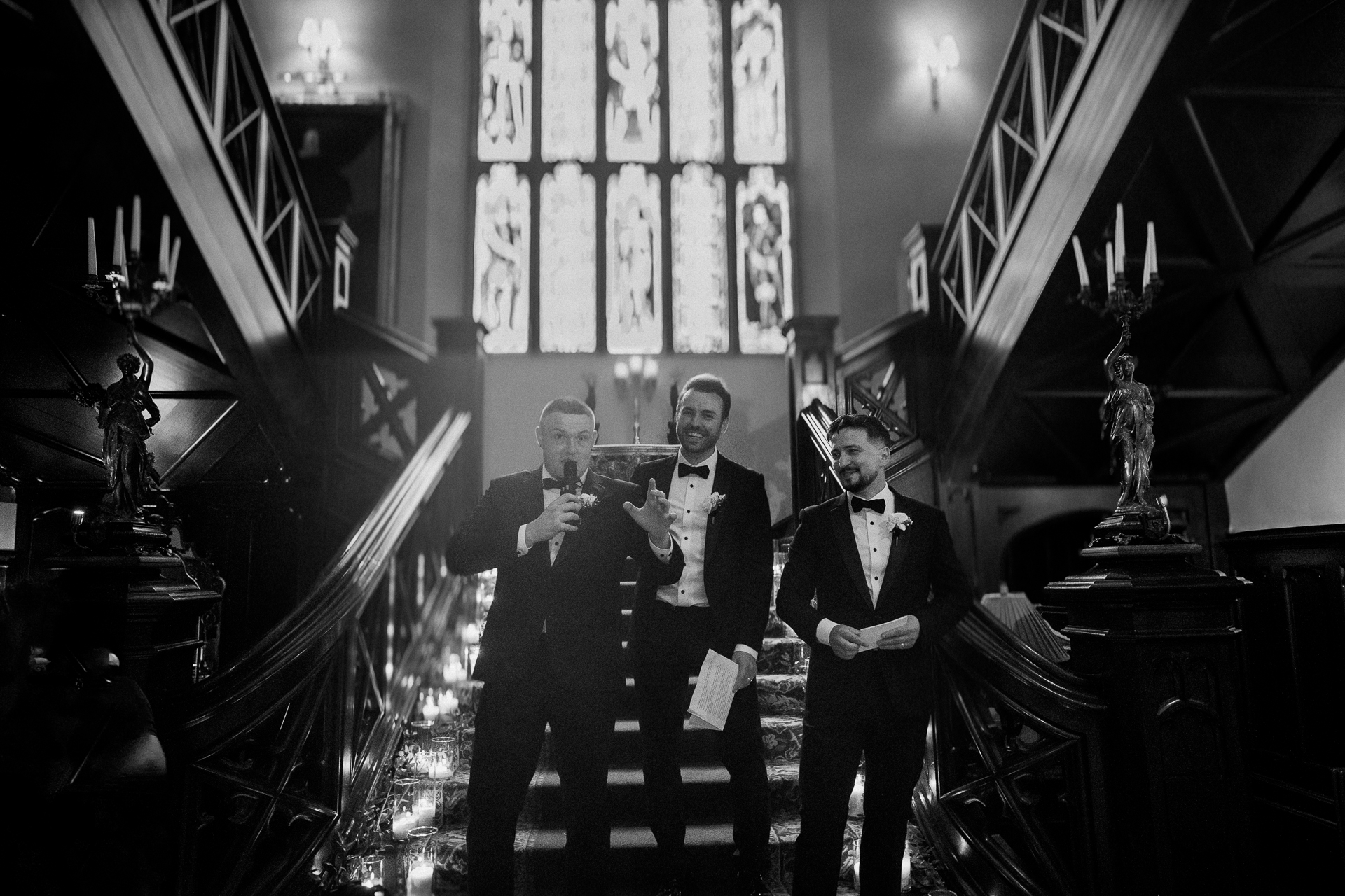 Bride and groom on castle staircase at Markree Castle – romantic wedding portrait