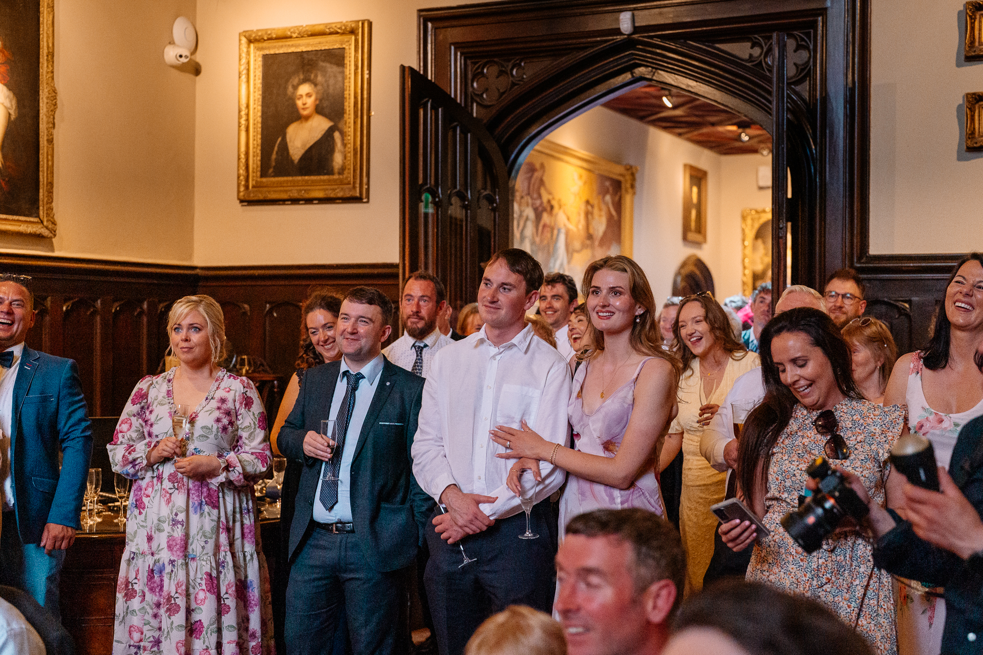 Bride and groom on castle staircase at Markree Castle – romantic wedding portrait