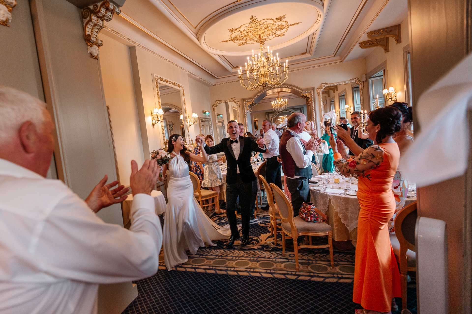 Bride and groom entering the dining room at Markree Castle during wedding reception