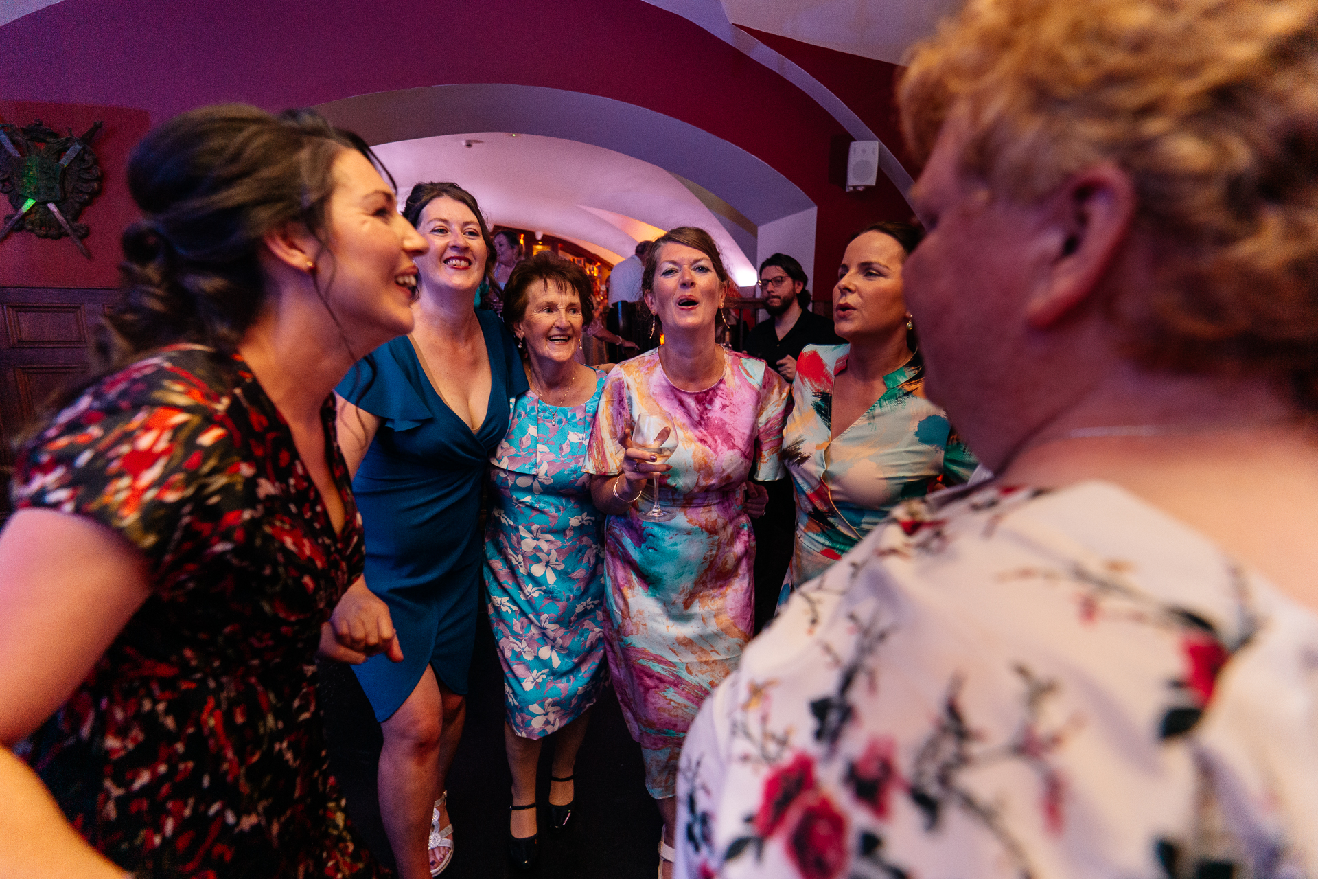 Wedding guests dancing joyfully on the dance floor during a Markree Castle reception