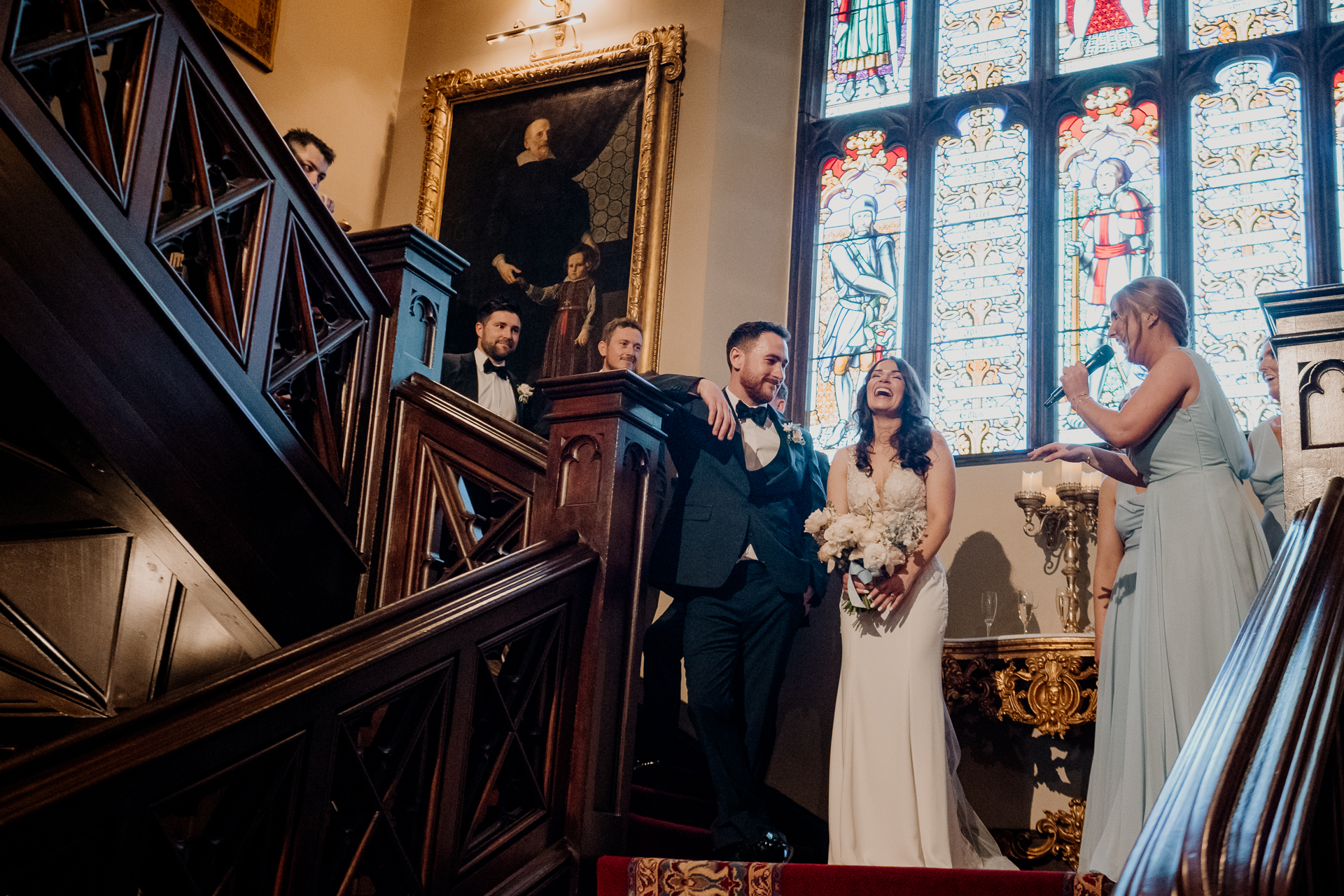 A bride and groom in a church