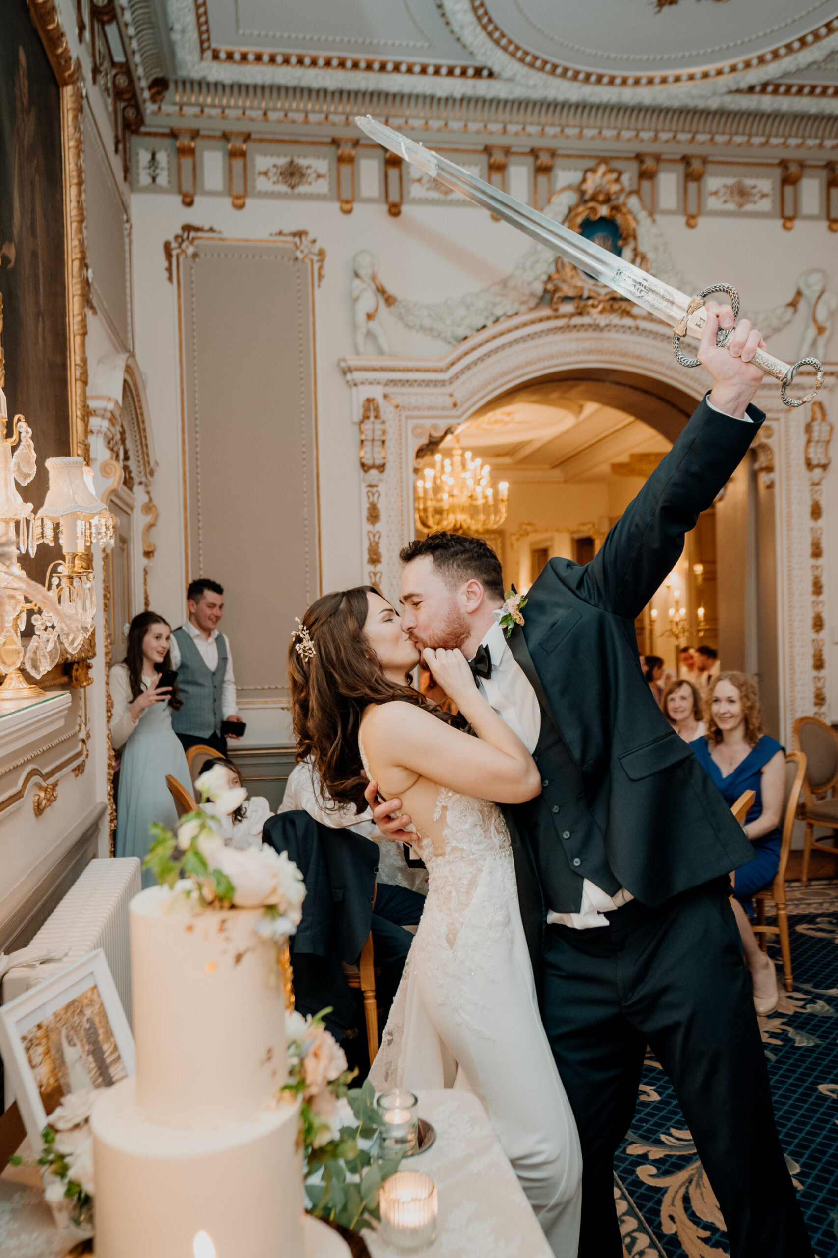 A bride and groom kissing