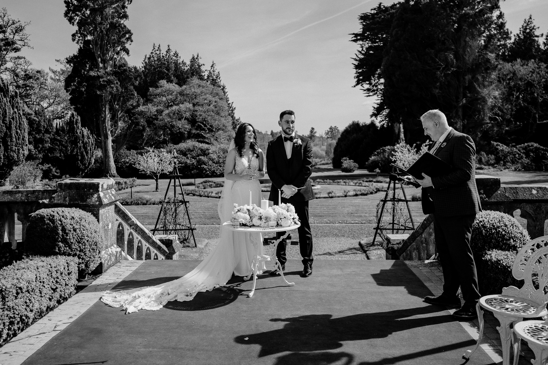 A bride and groom walking down the aisle