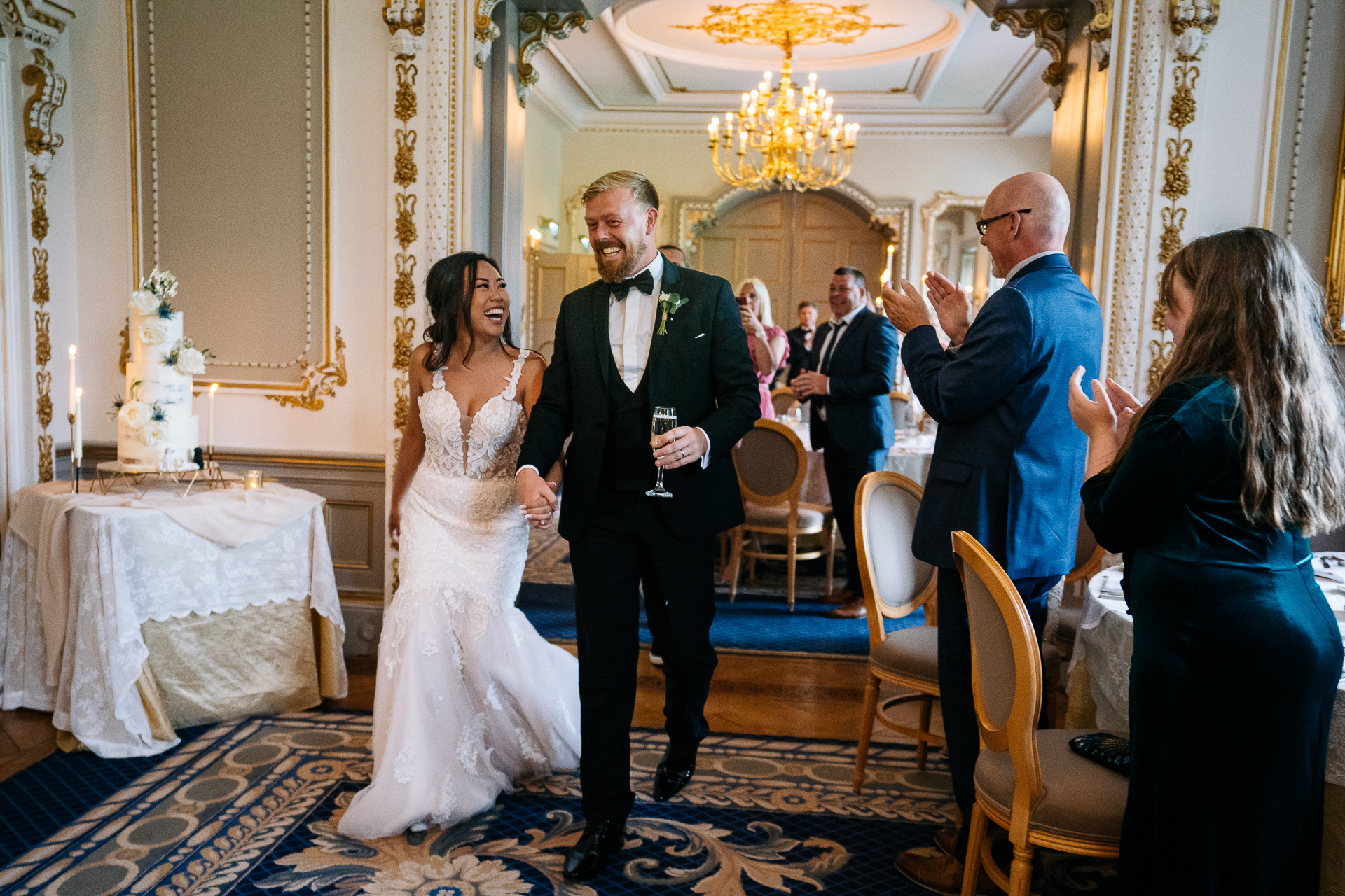 A bride and groom dancing