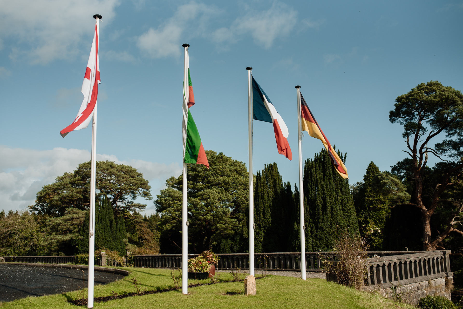 A row of flags on poles