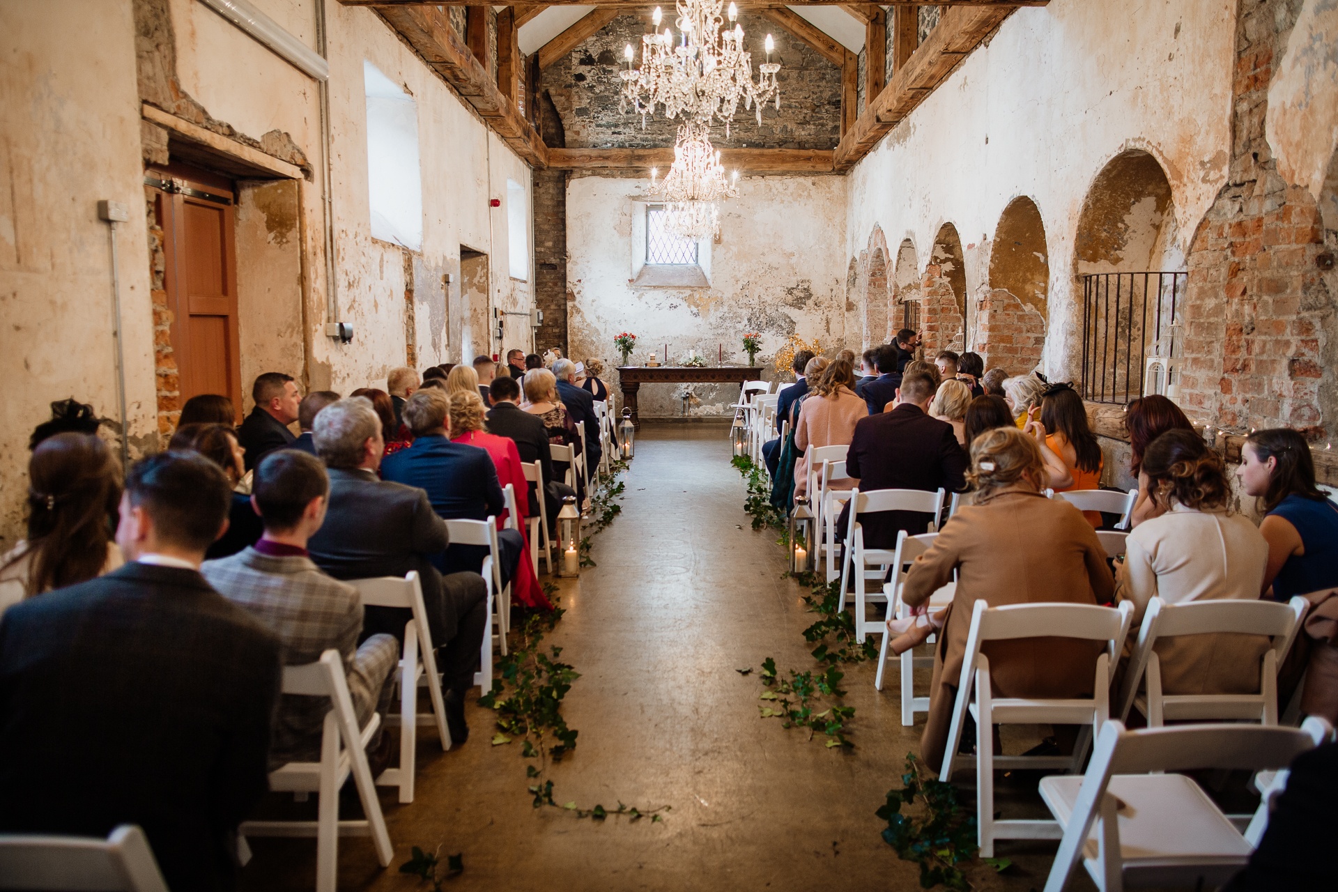 A group of people sitting in a church