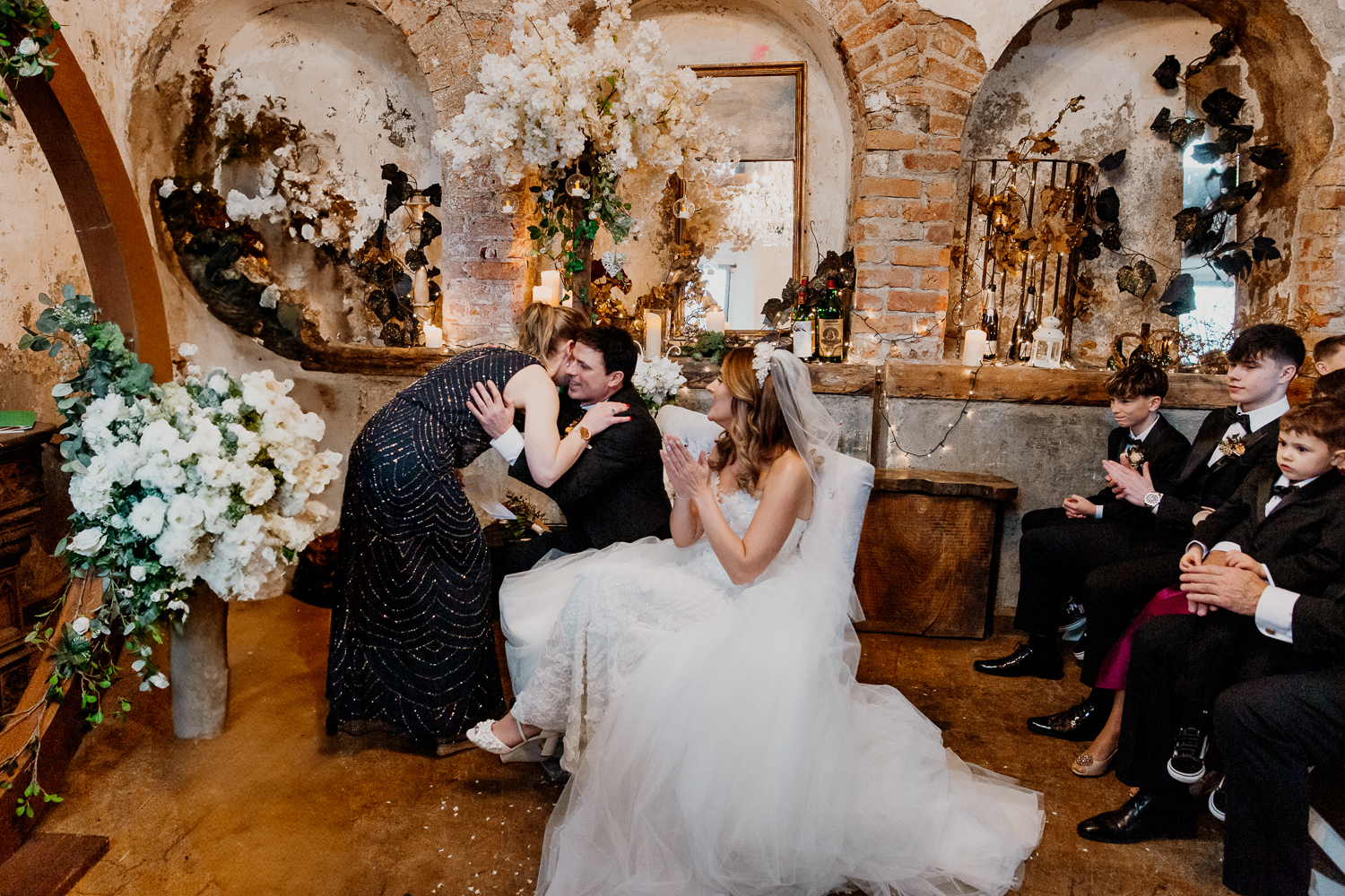 A bride and groom kissing