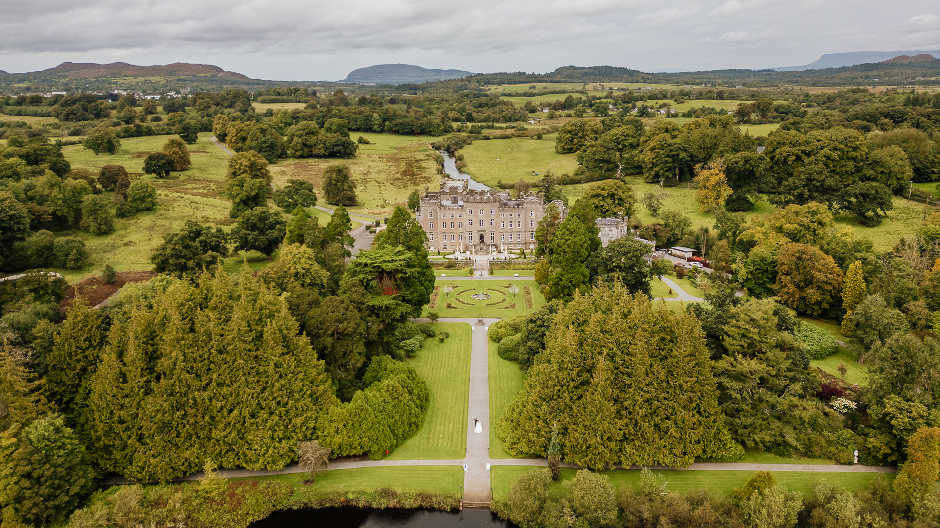 A large building surrounded by trees