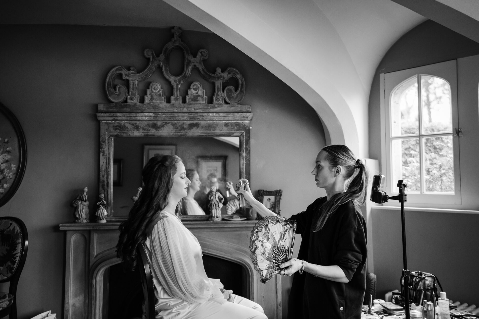 A person getting the wedding dress done