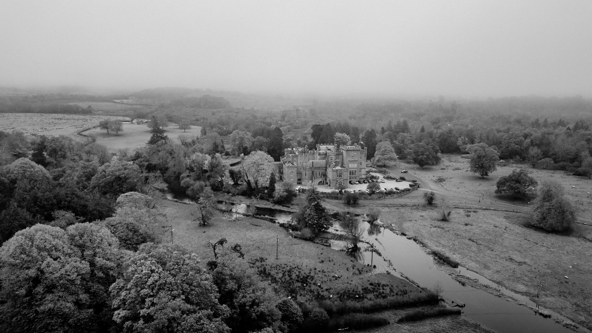 A black and white photo of a landscape with trees and a building