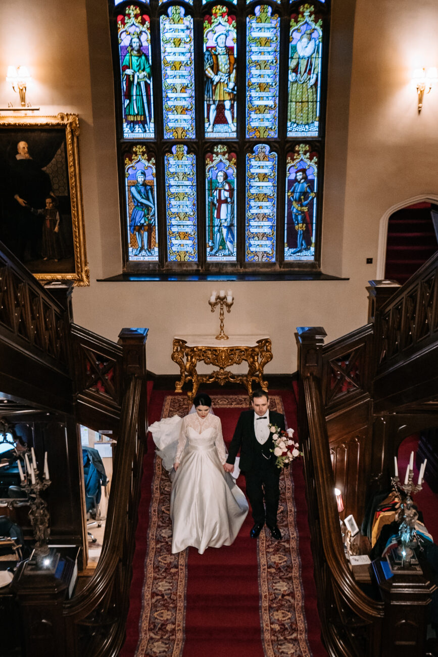 A bride and groom in a church