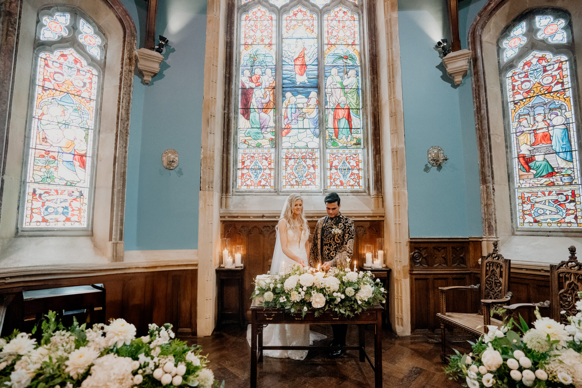 A bride and groom in a church