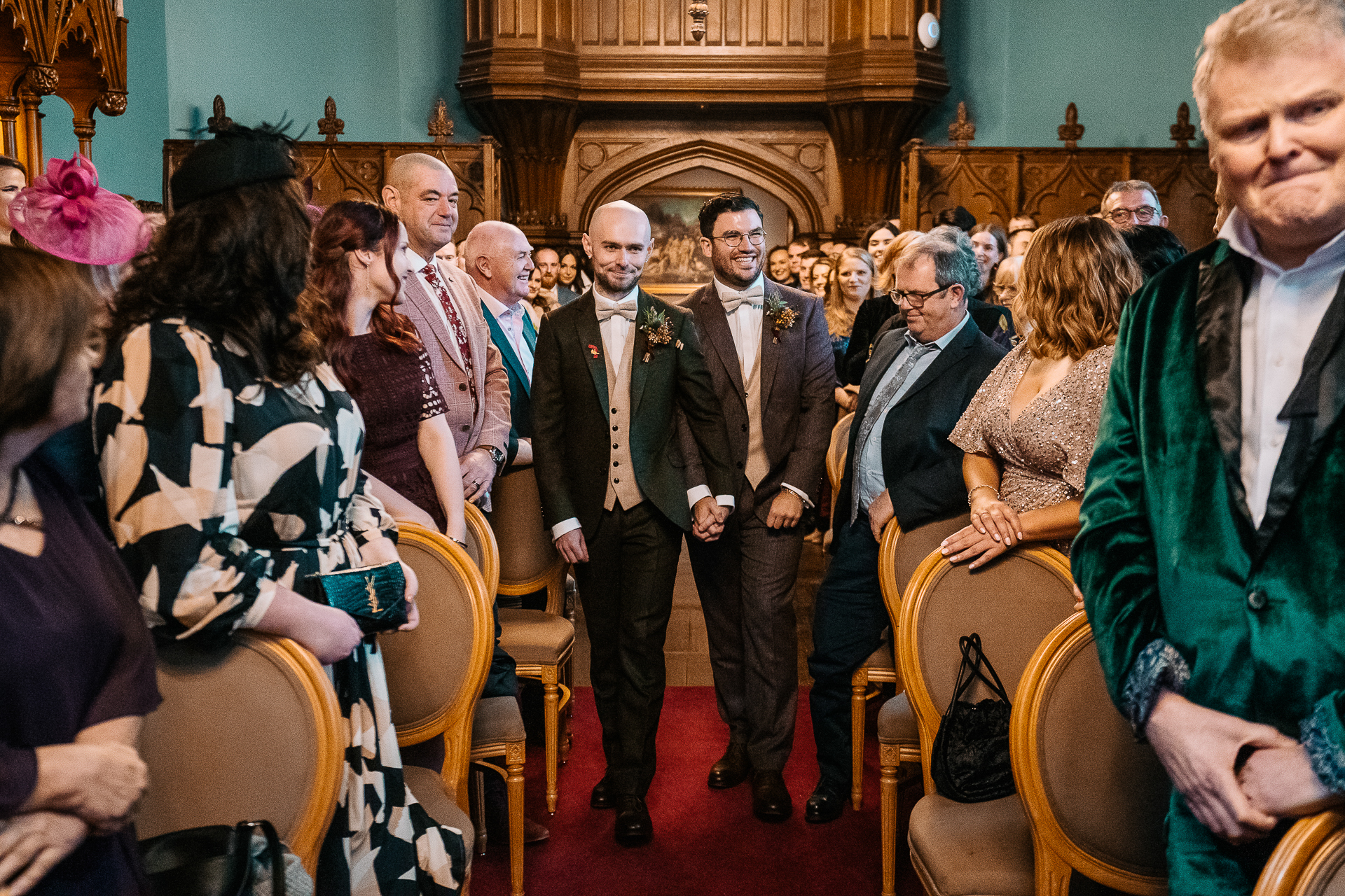 A group of people standing in a room