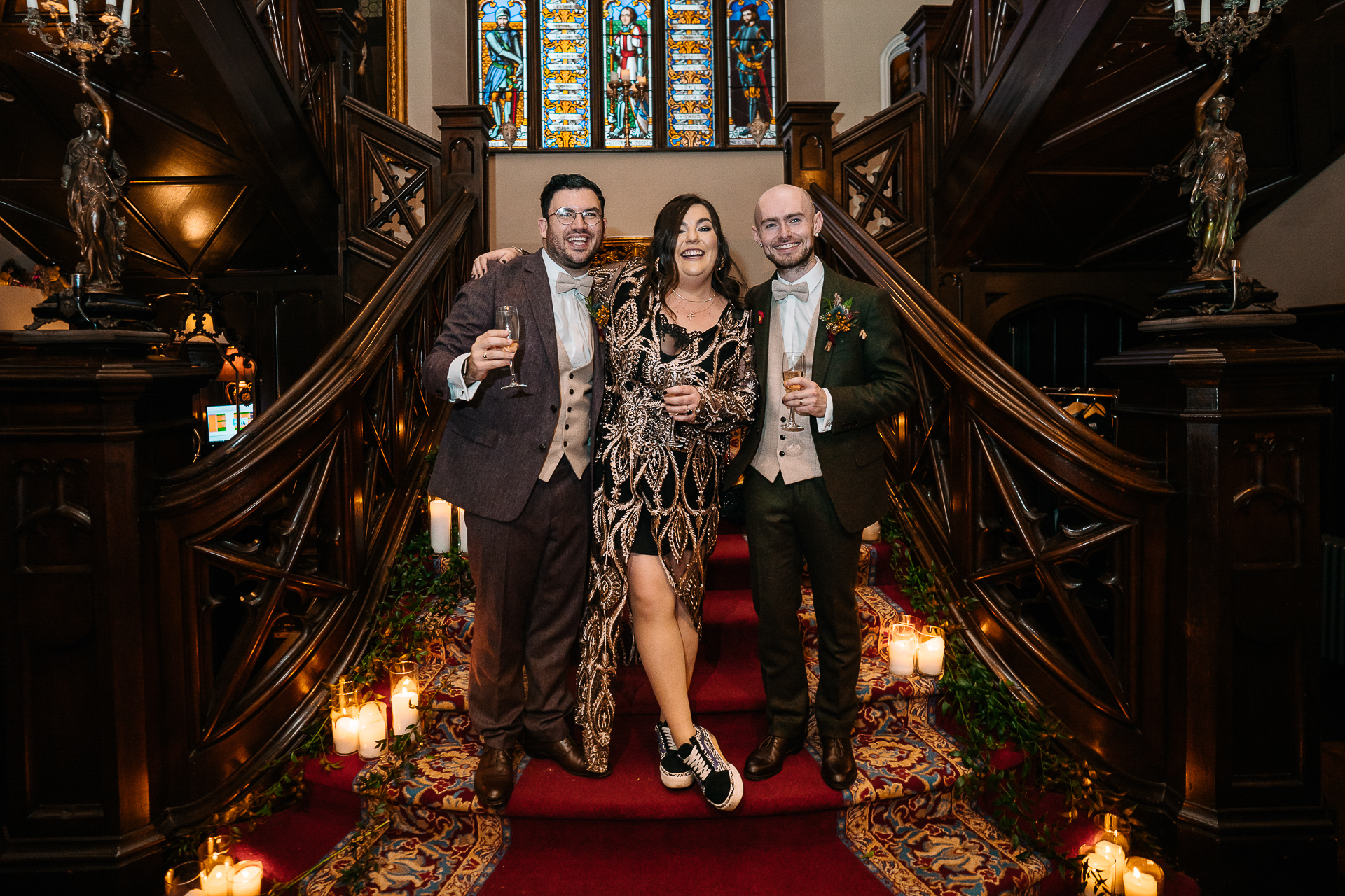 A group of people posing for a photo in a church