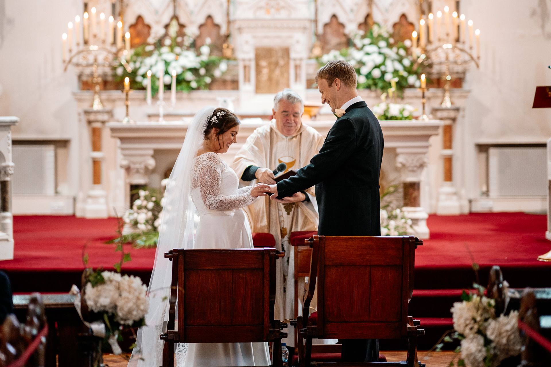 A bride and groom kissing