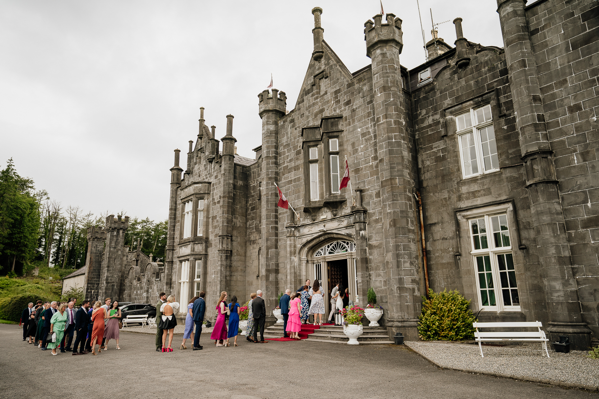 A group of people outside a building