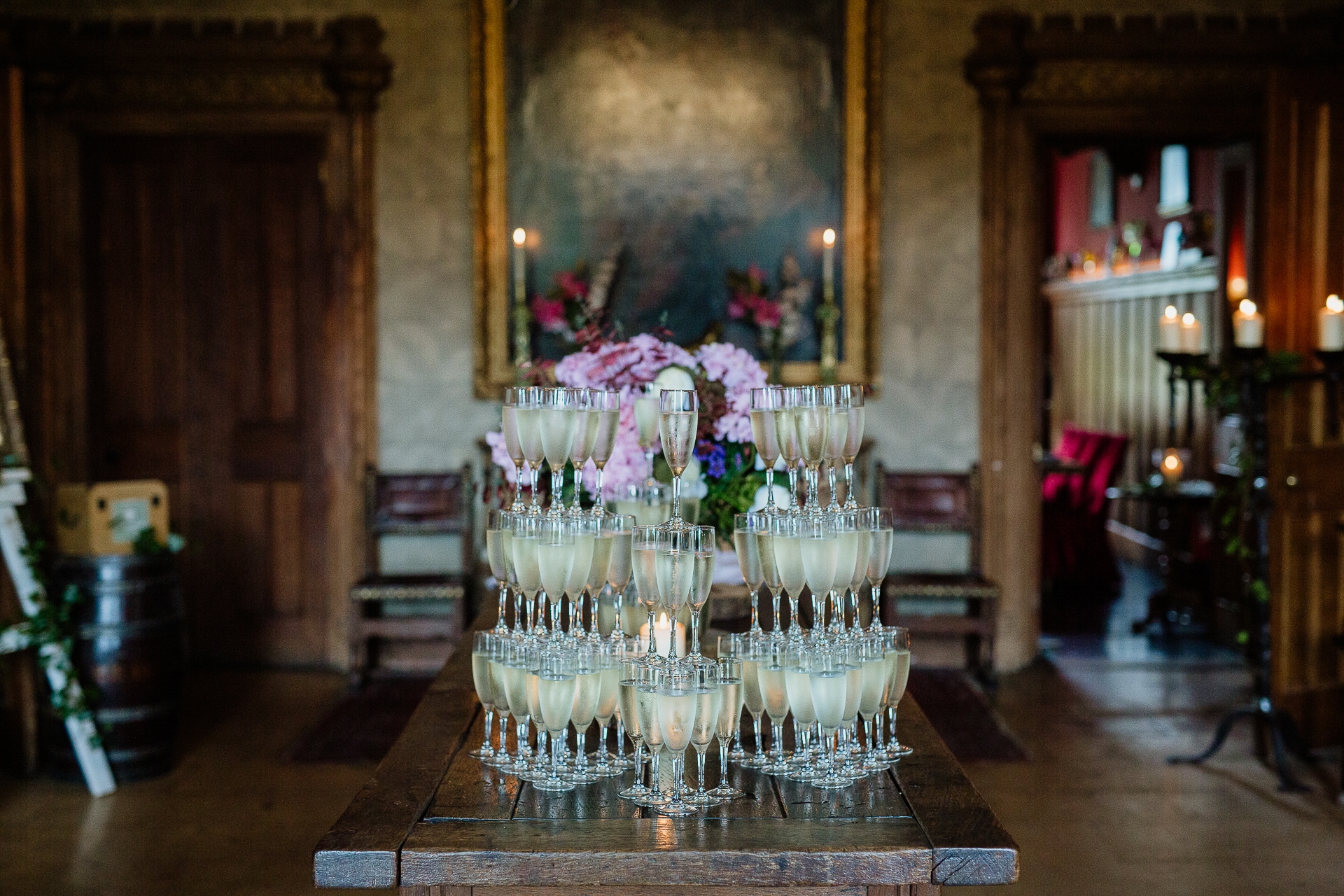 A table with flowers and candles