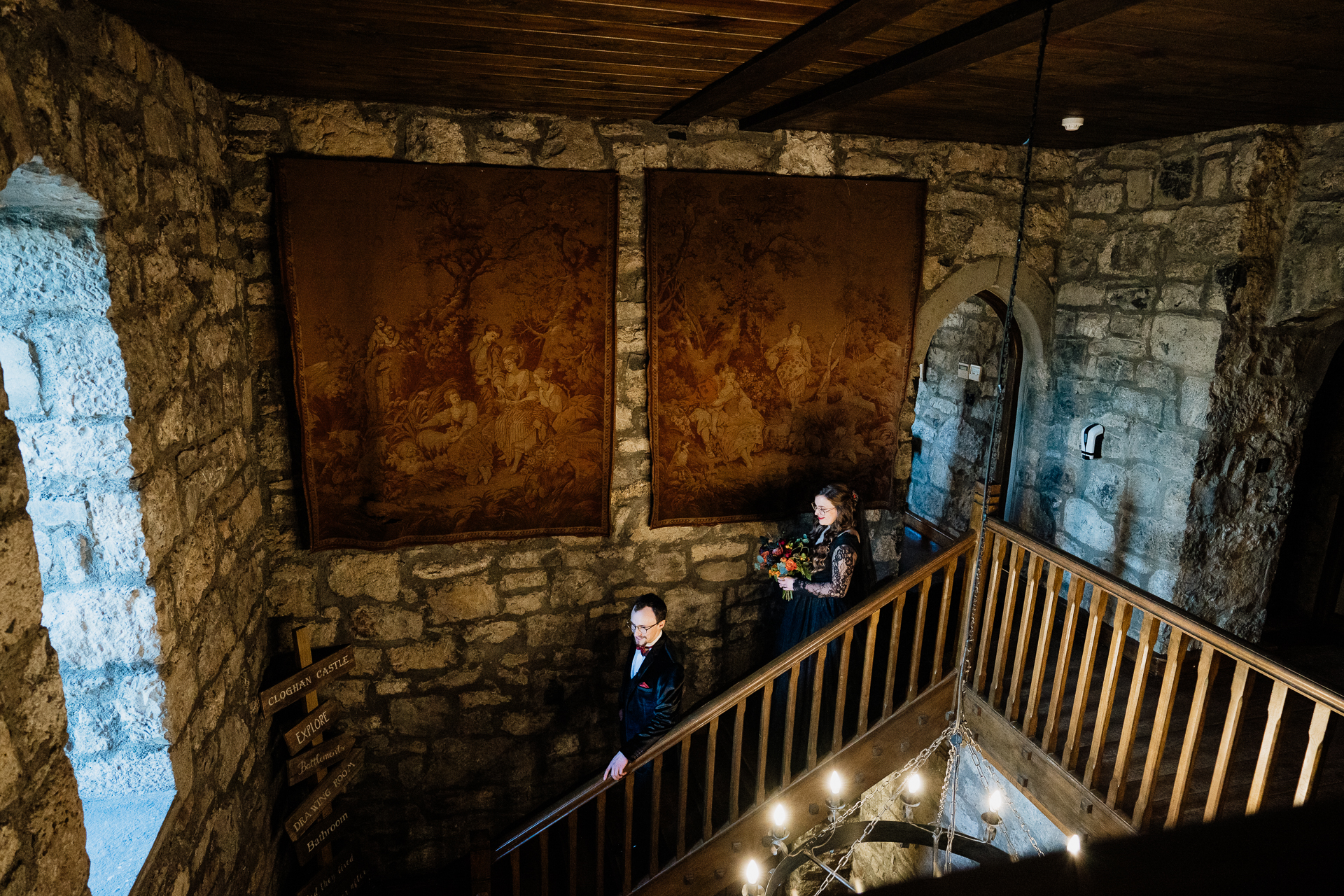 A couple of people on a staircase