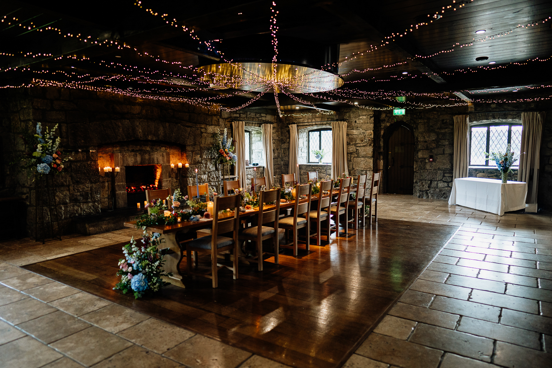 A large room with tables and chairs