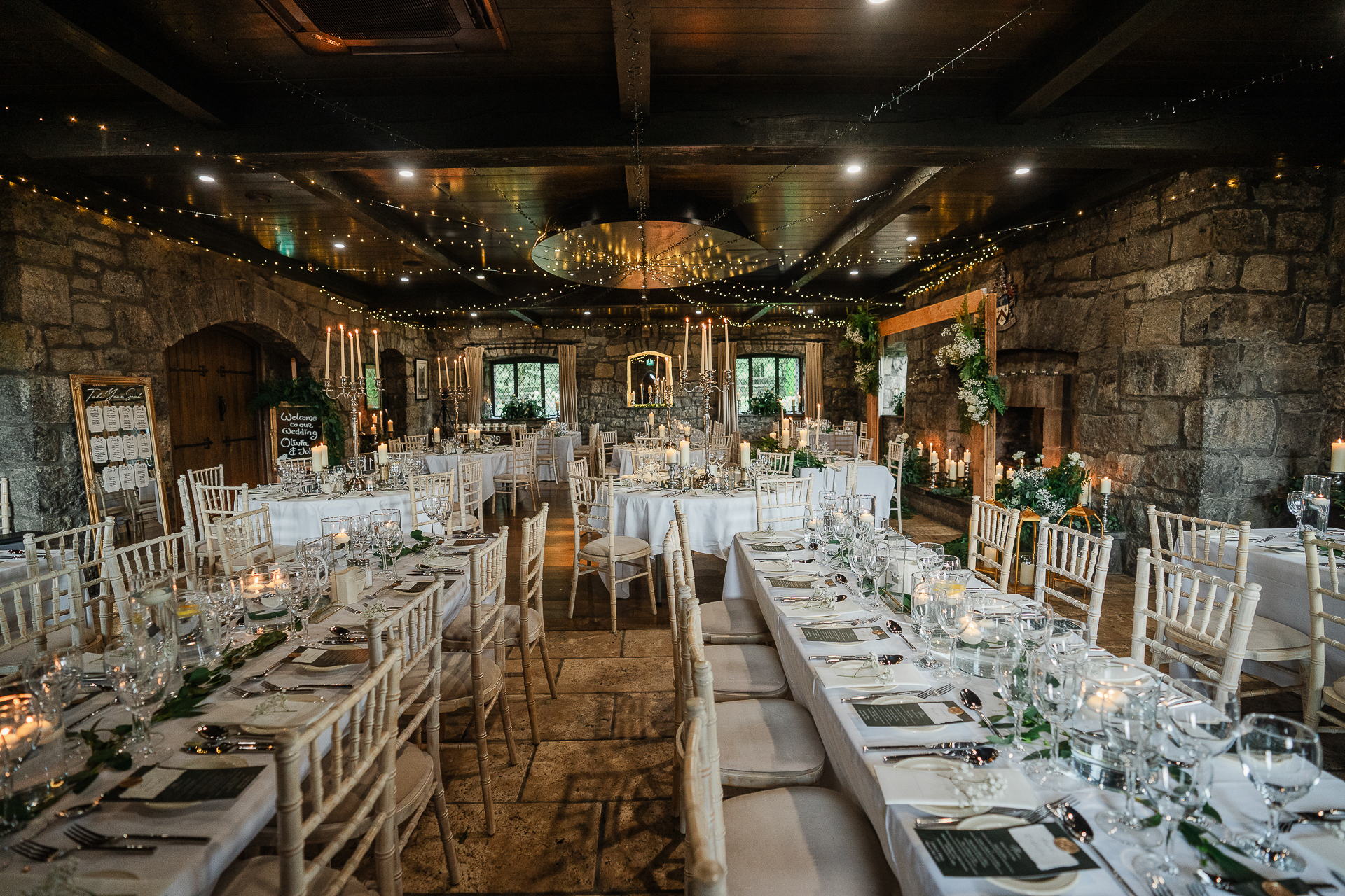 A large room with tables and chairs