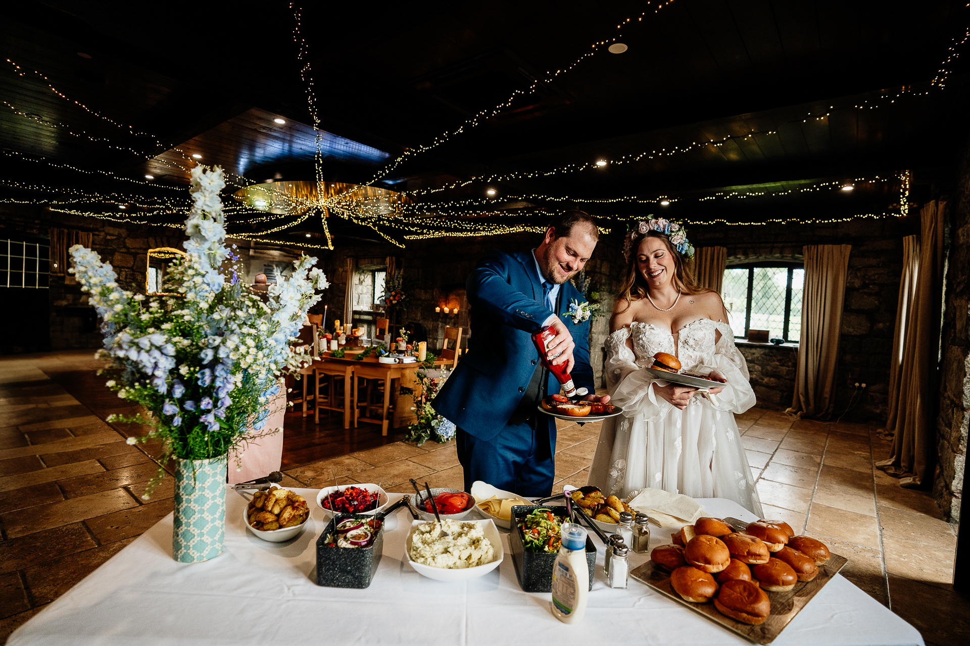 A bride and groom at a wedding reception