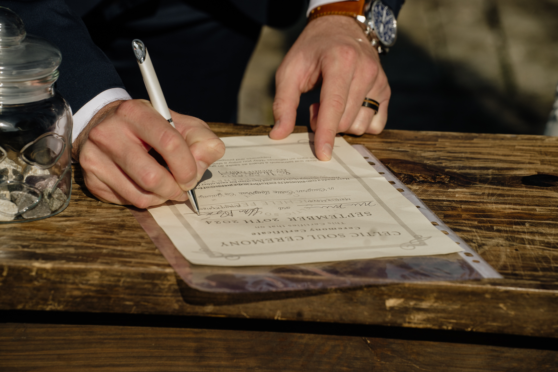 A person writing on a piece of paper