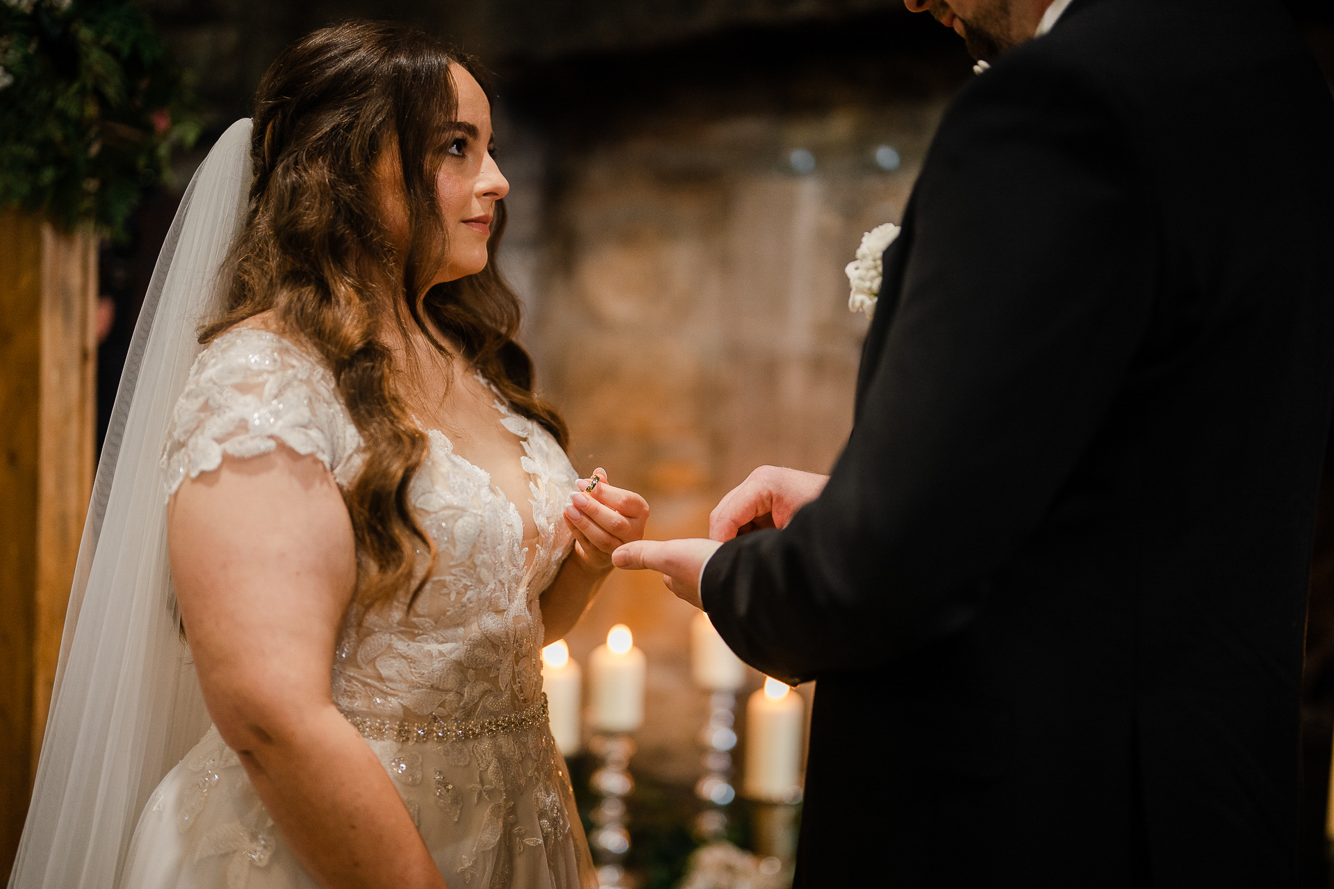 A bride and groom holding hands