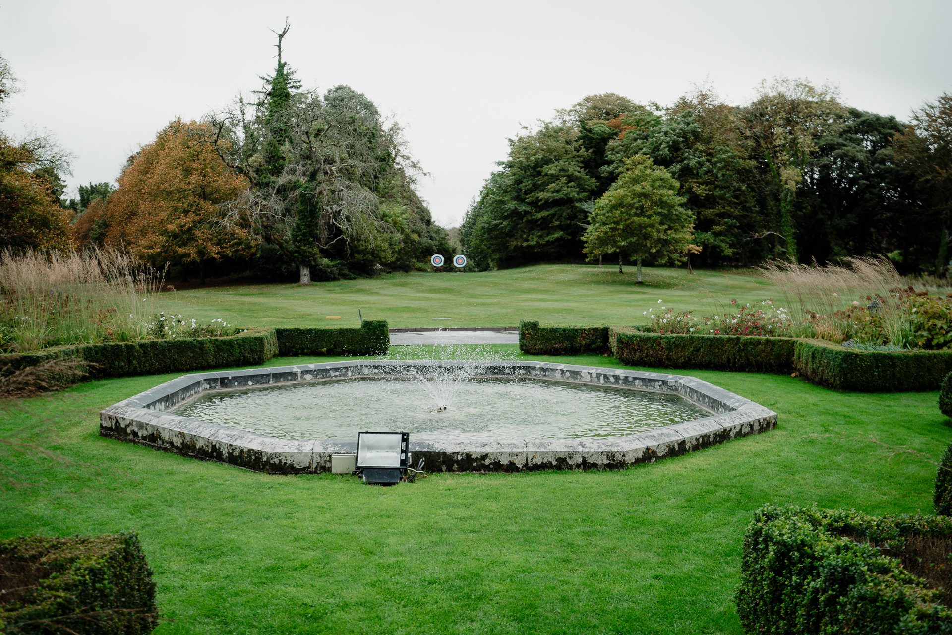 A large green lawn with a pond