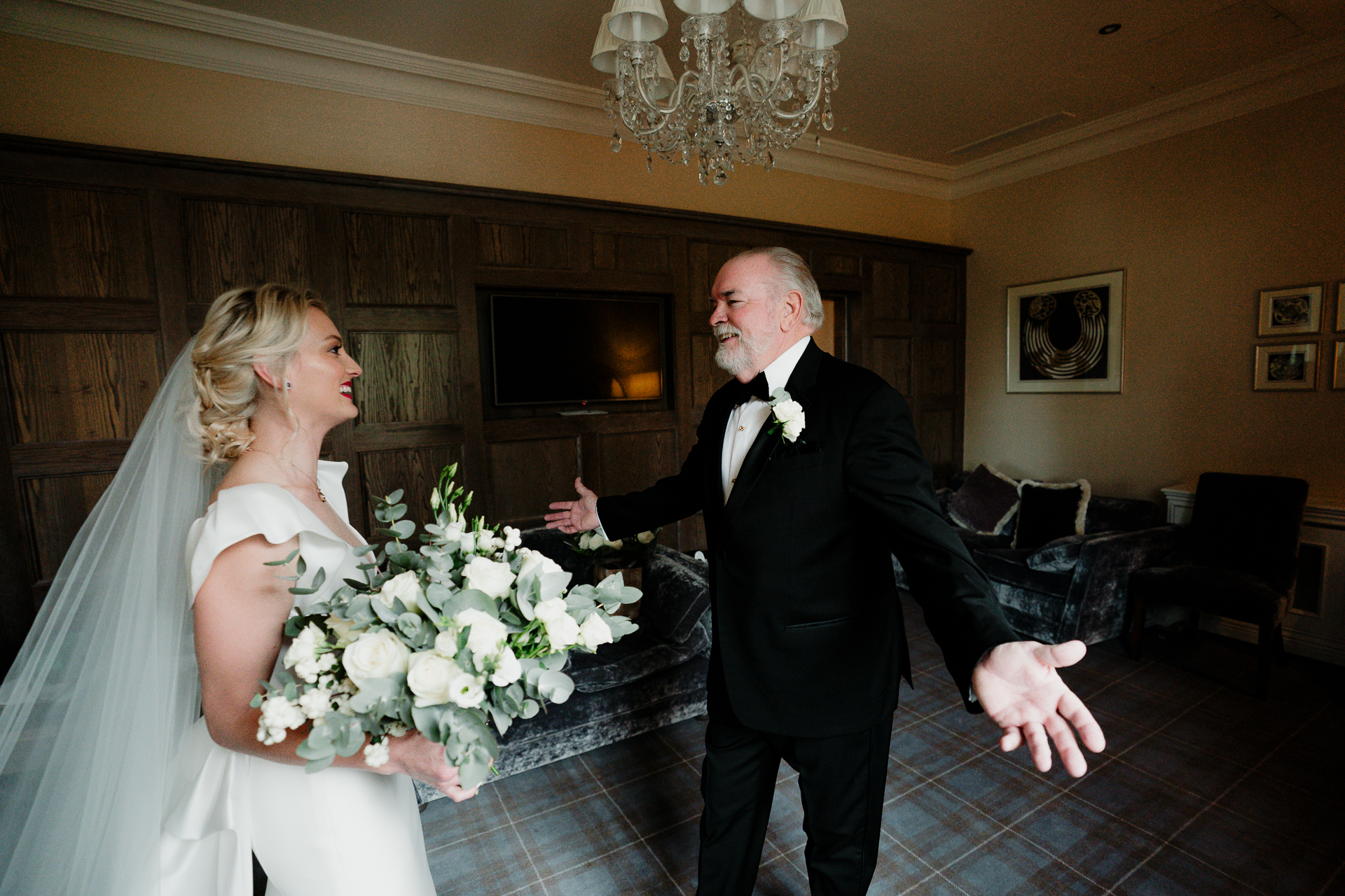 A bride and groom dancing