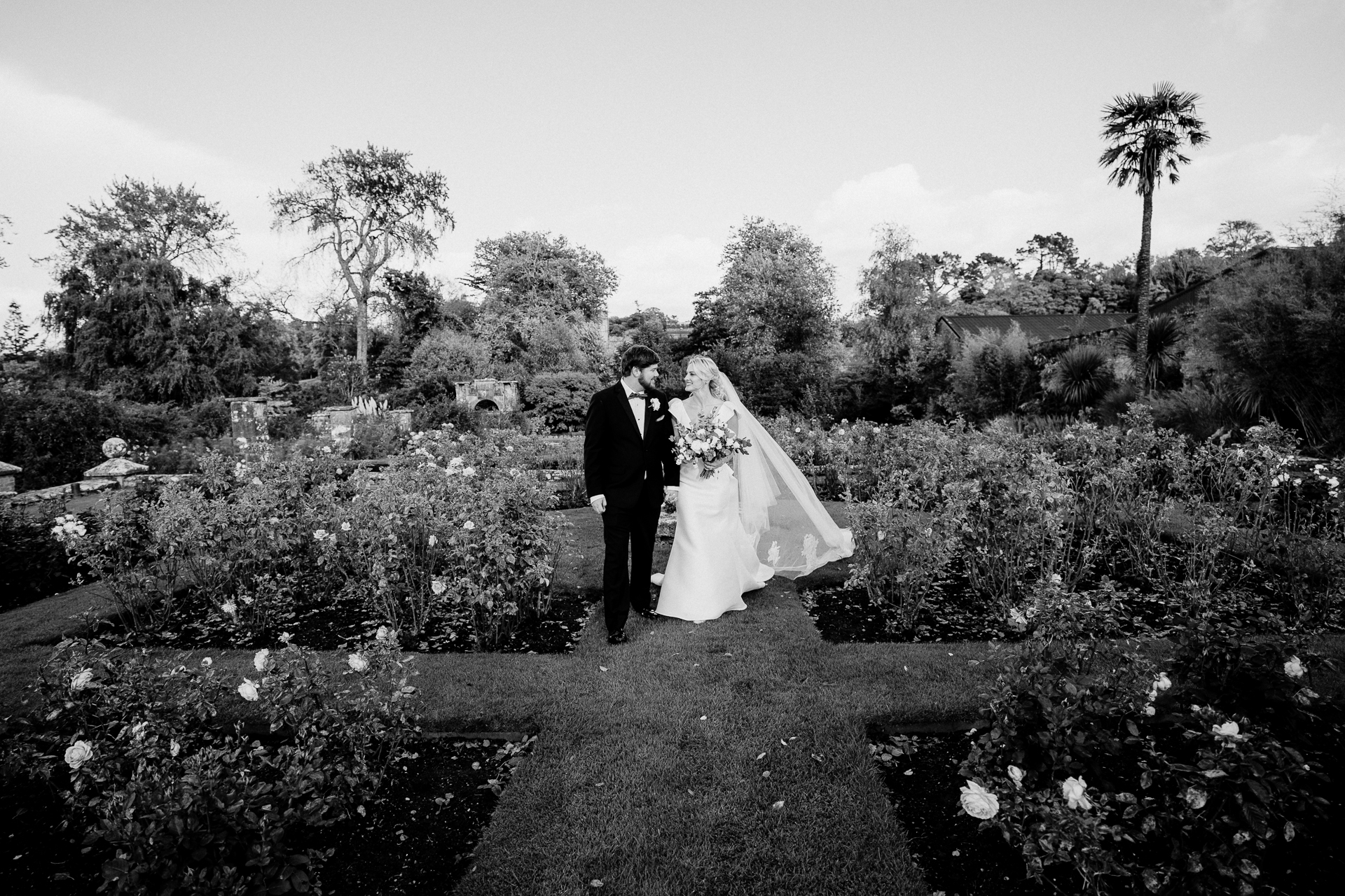 A bride and groom kissing