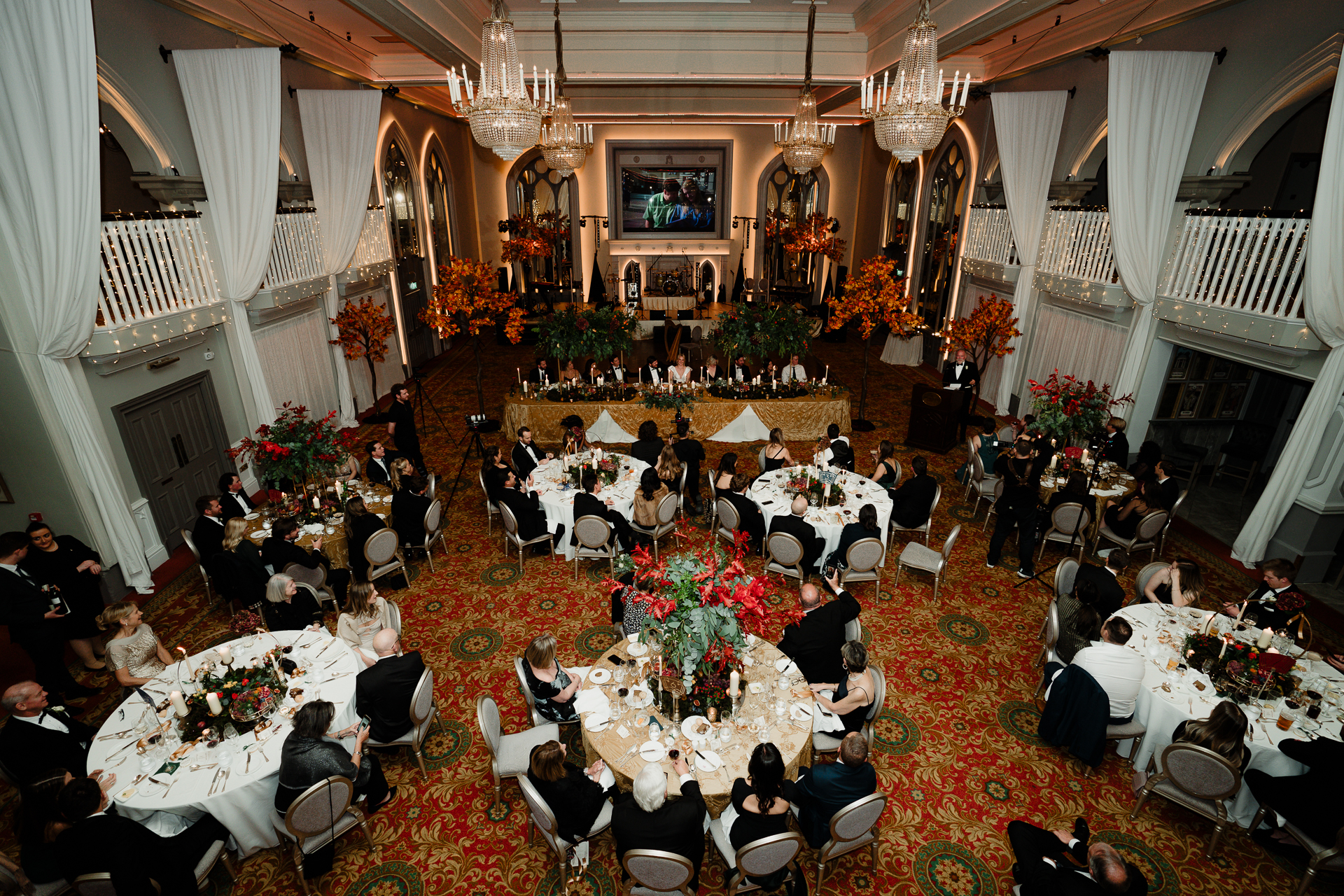 A high angle view of people seated in a room