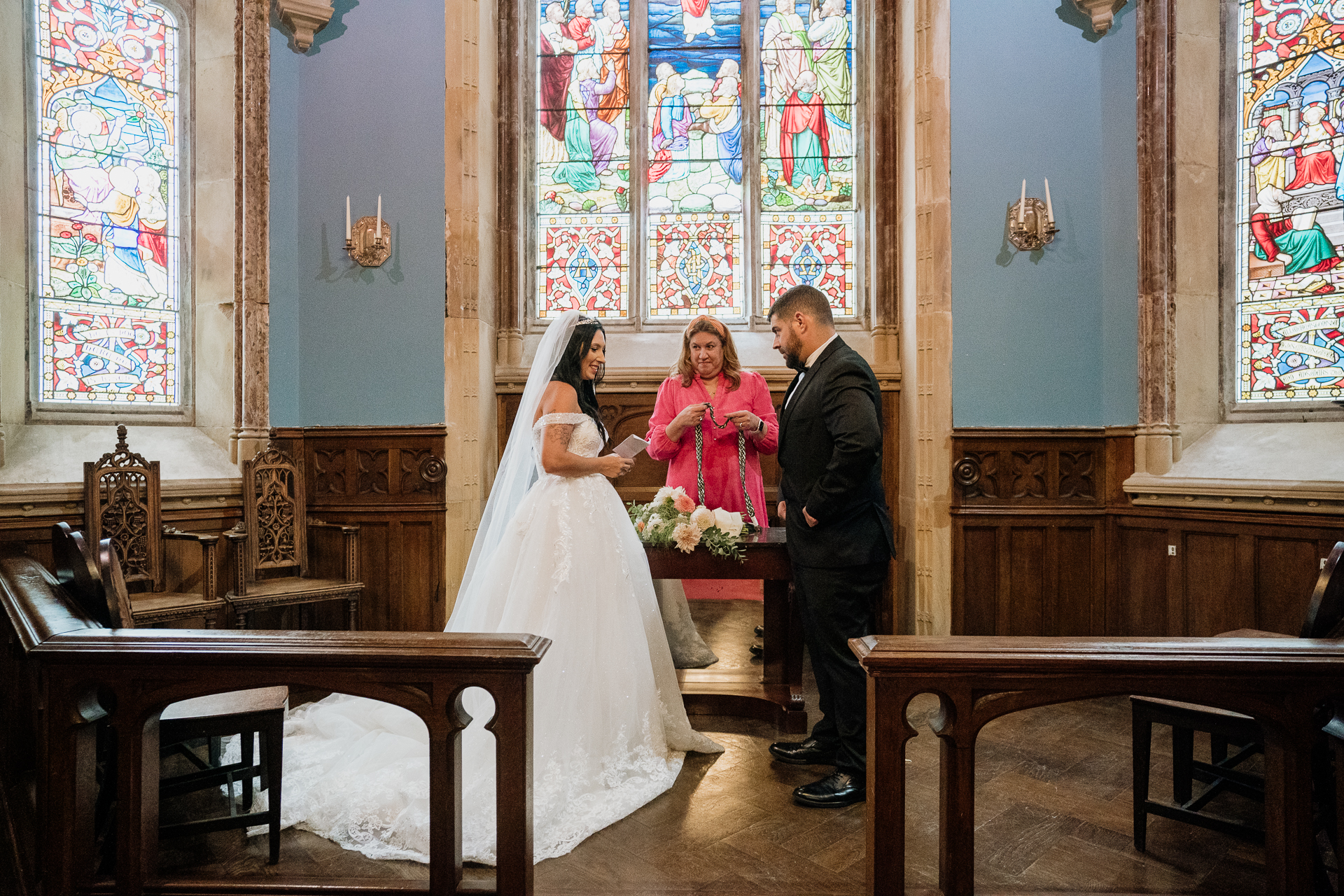 A bride and groom in a church