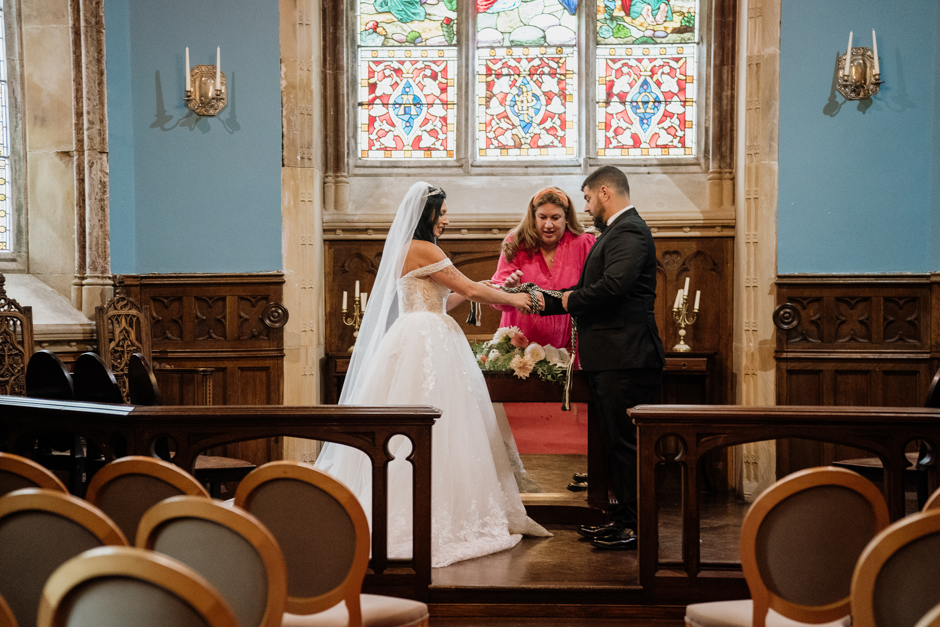 A bride and groom in a church