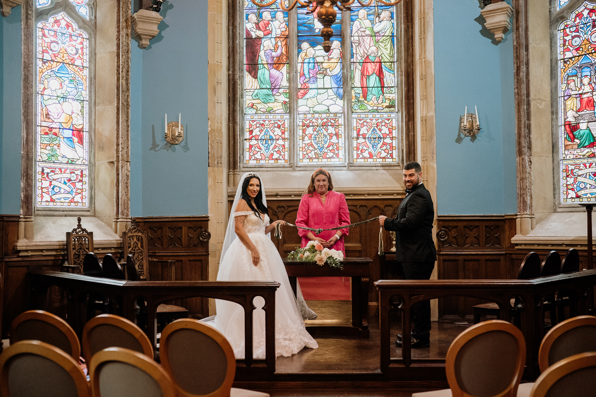 A bride and groom in a church