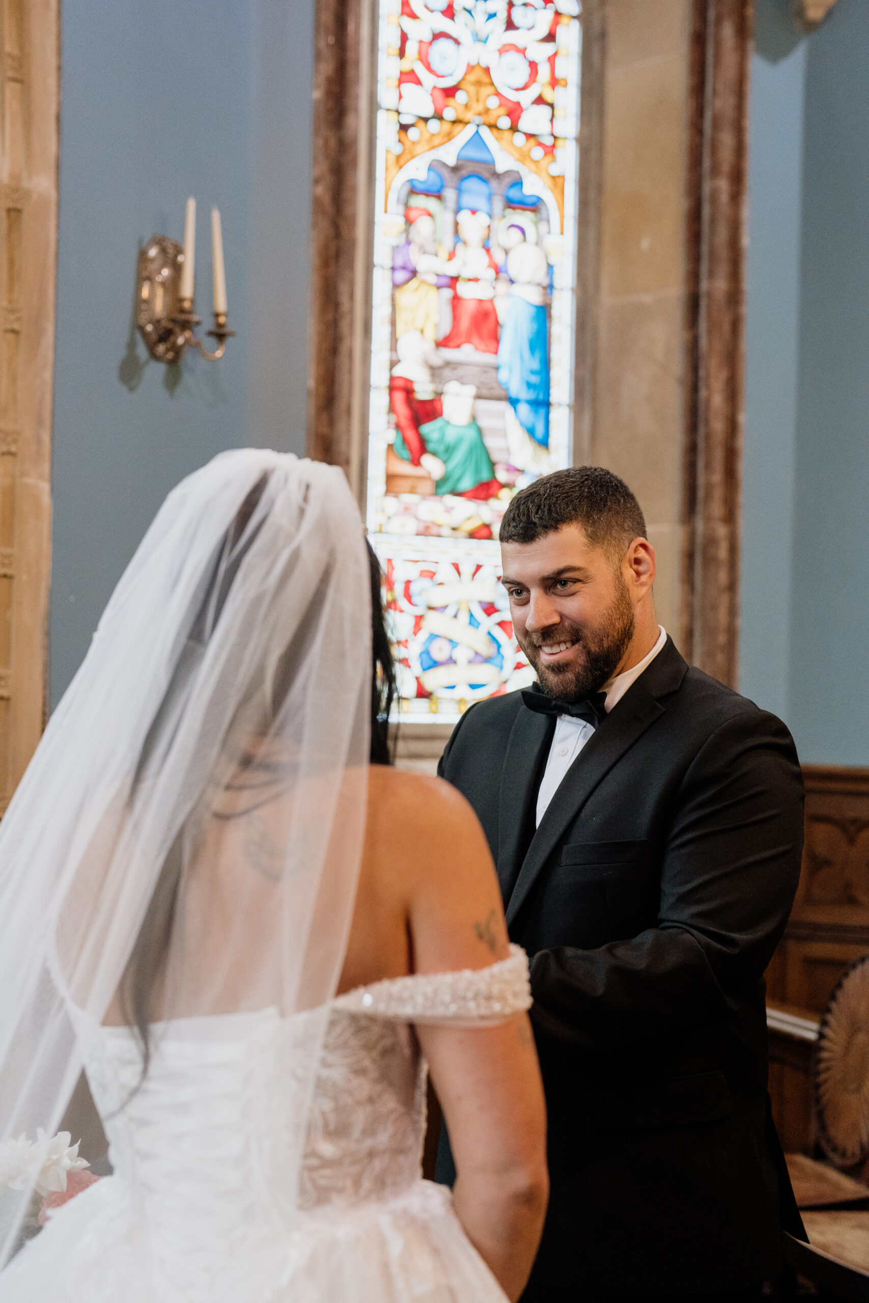 A man in a tuxedo and a woman in a dress